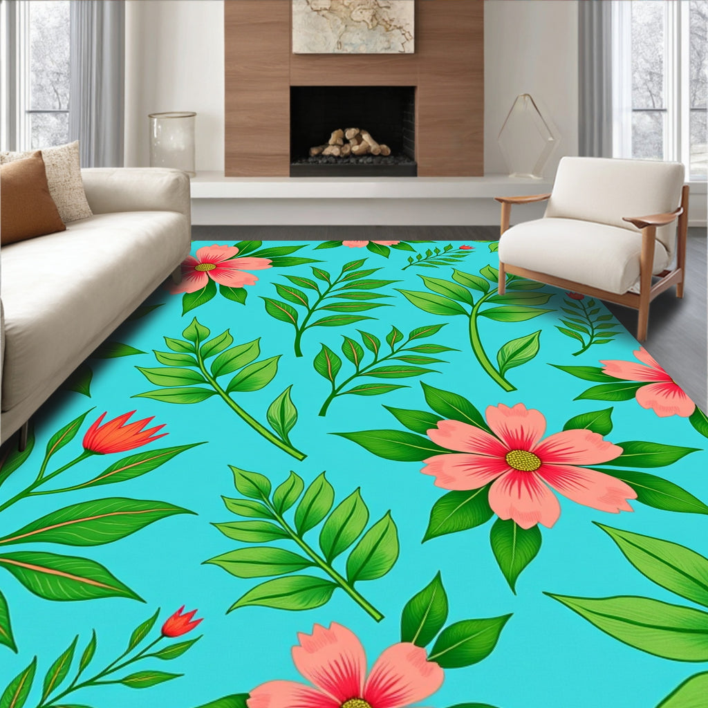 Vibrant Floral Leaf Pattern Textile Art Rug