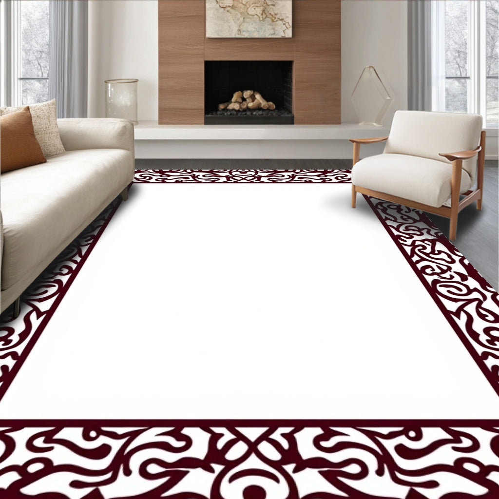 Ornate Maroon Swirl Border Design Rug
