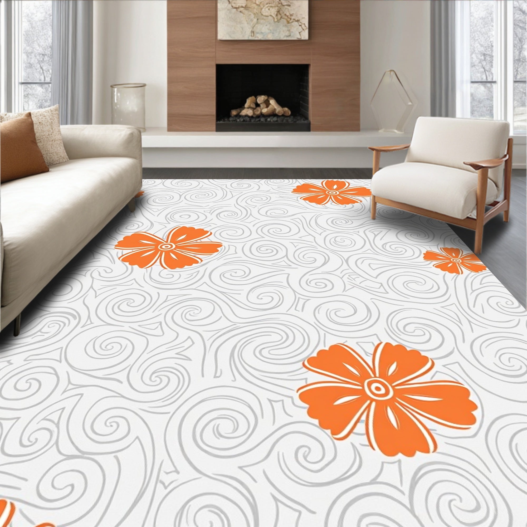 Floral Swirls Orange Gray Pattern Rug