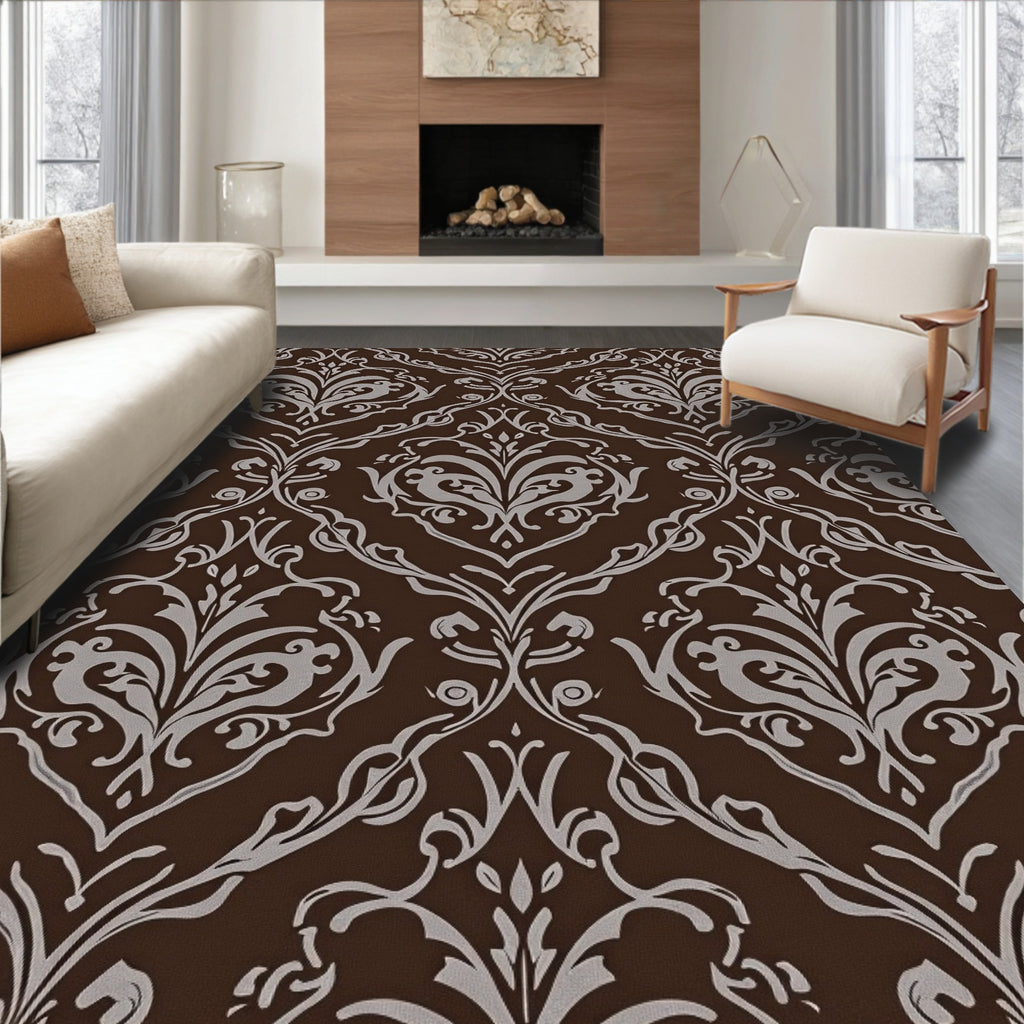 Brown Damask Floral Scroll Pattern Rug