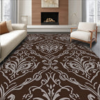 Brown Damask Floral Scroll Pattern Rug