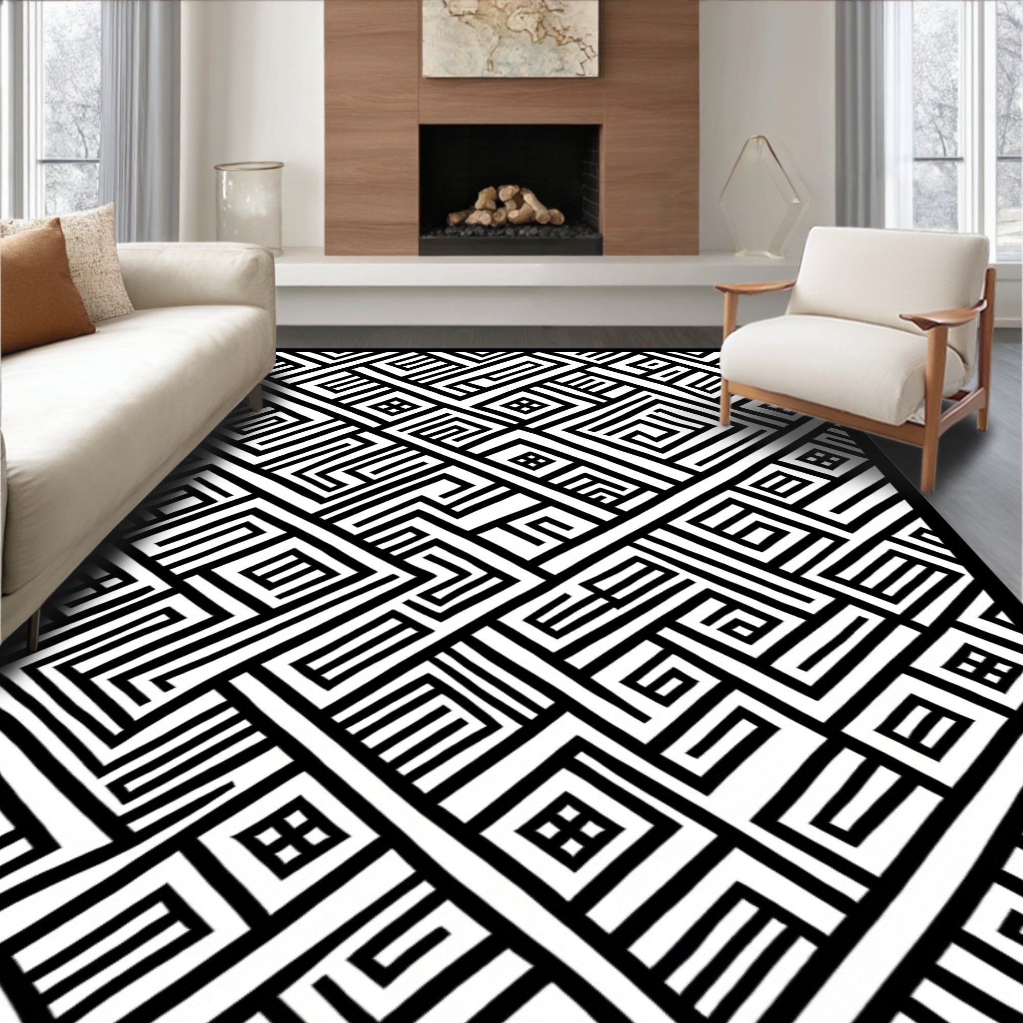 Bold Black White Geometric Labyrinth Rug