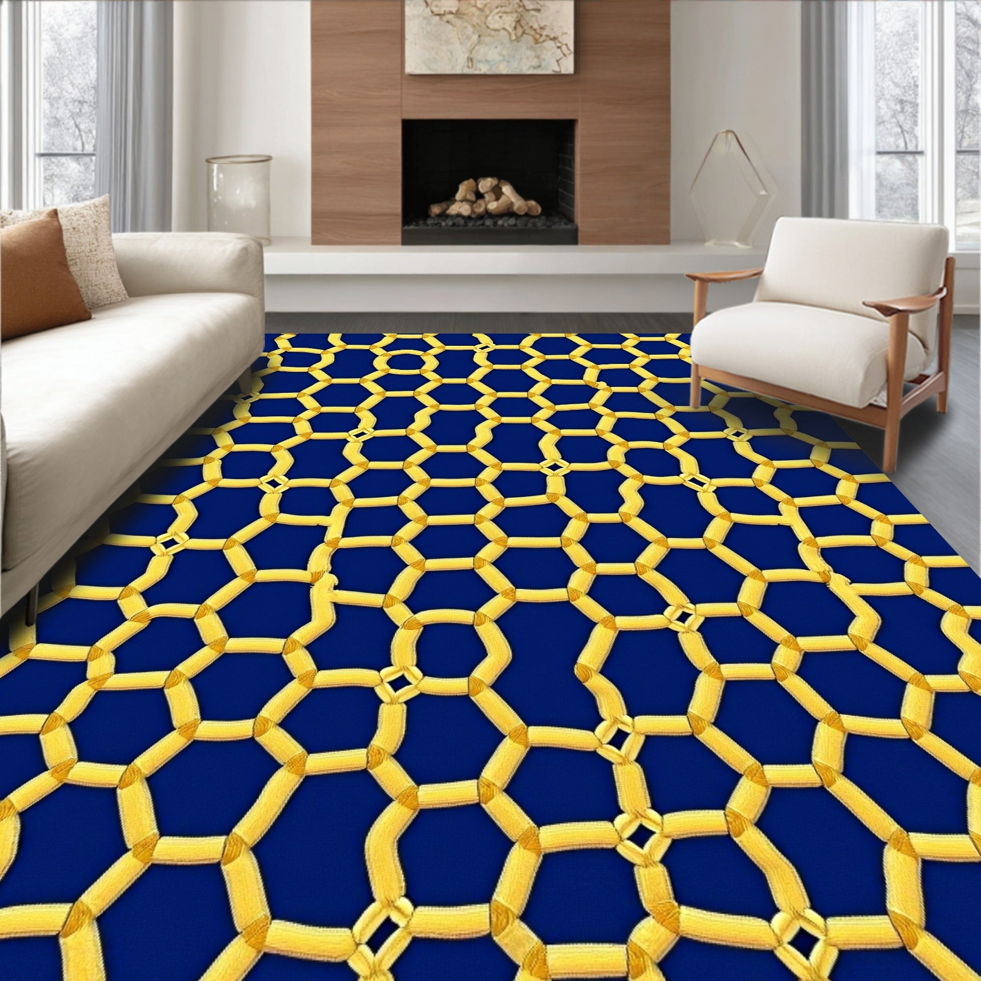 Abstract Honeycomb Gold Pattern Rug