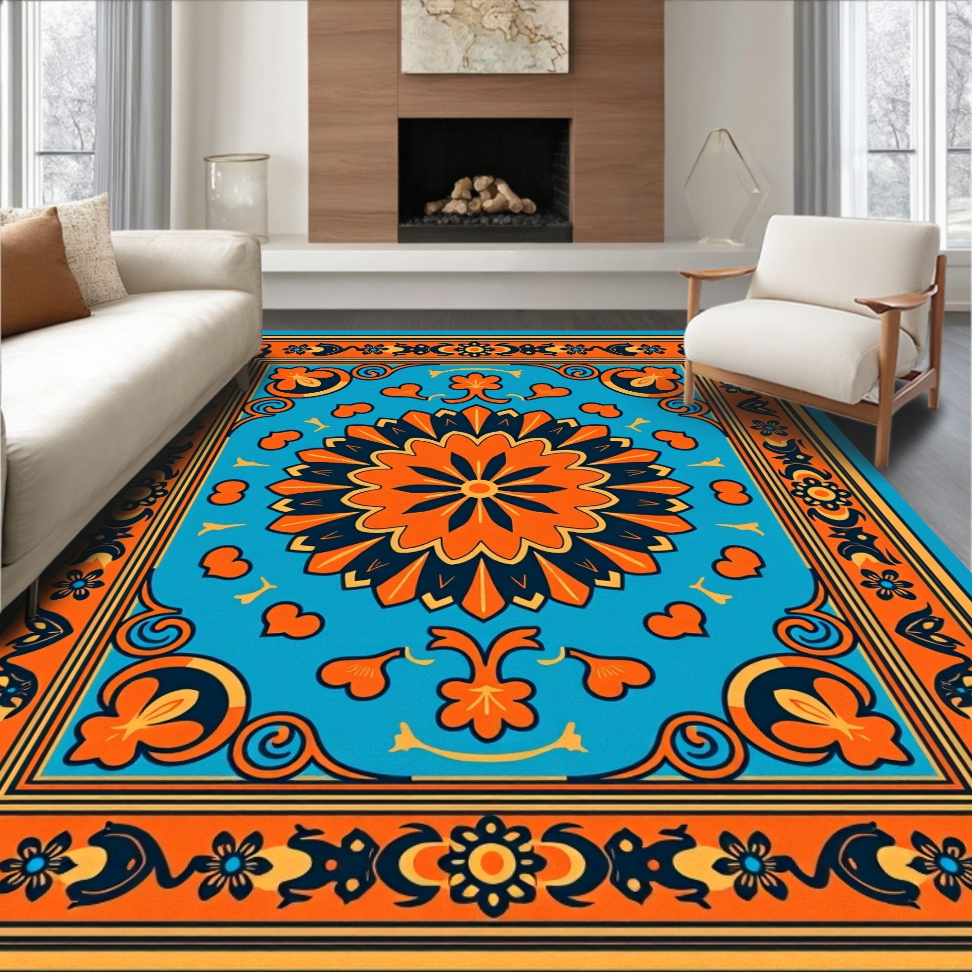 Vibrant Floral Medallion Border Rug