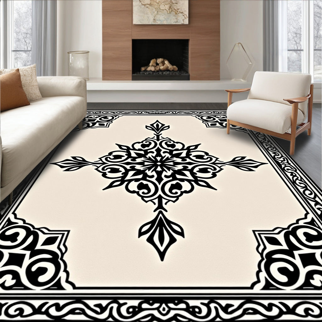 Black White Intricate Mandala Design Rug