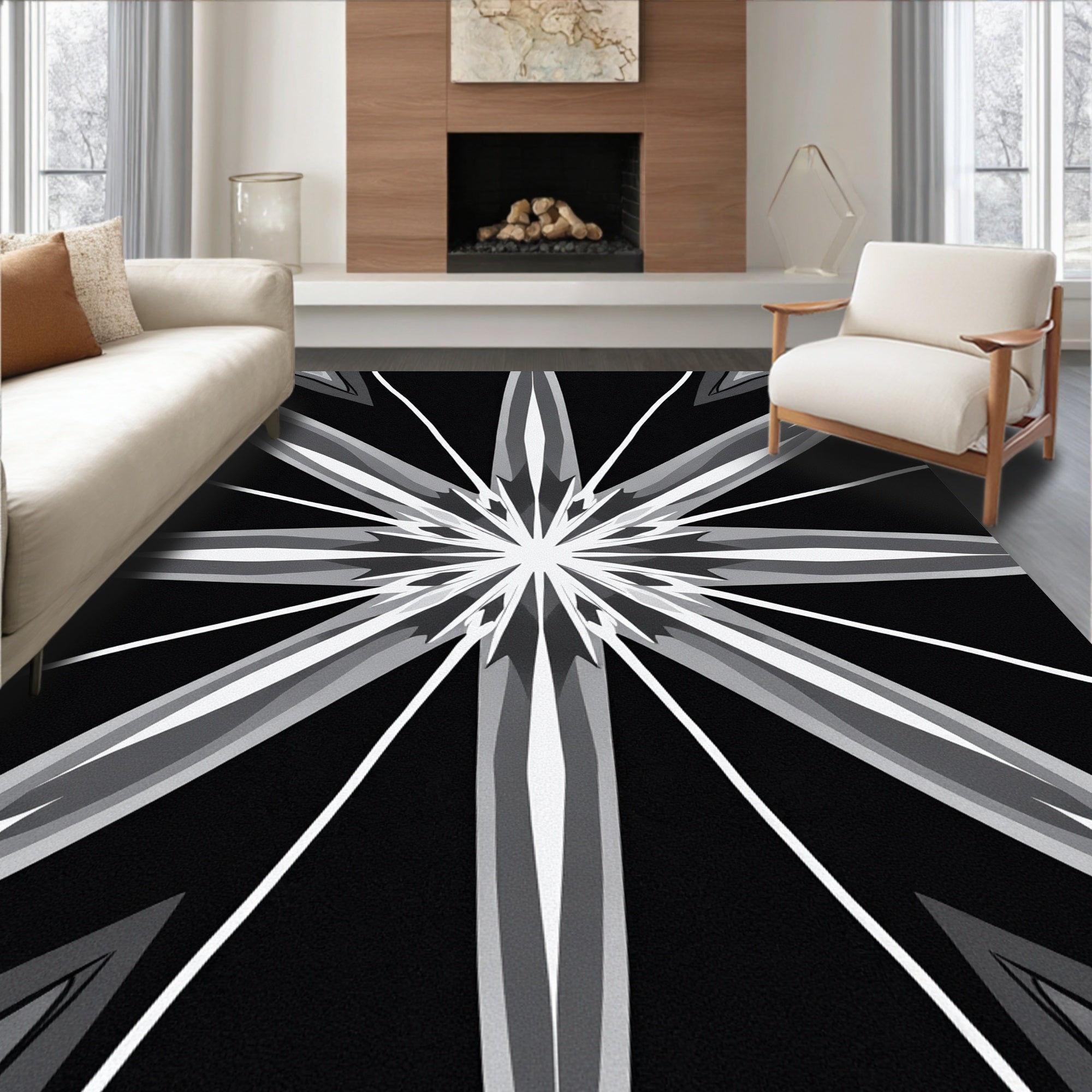 Abstract Radial Starburst Grey Pattern Rug