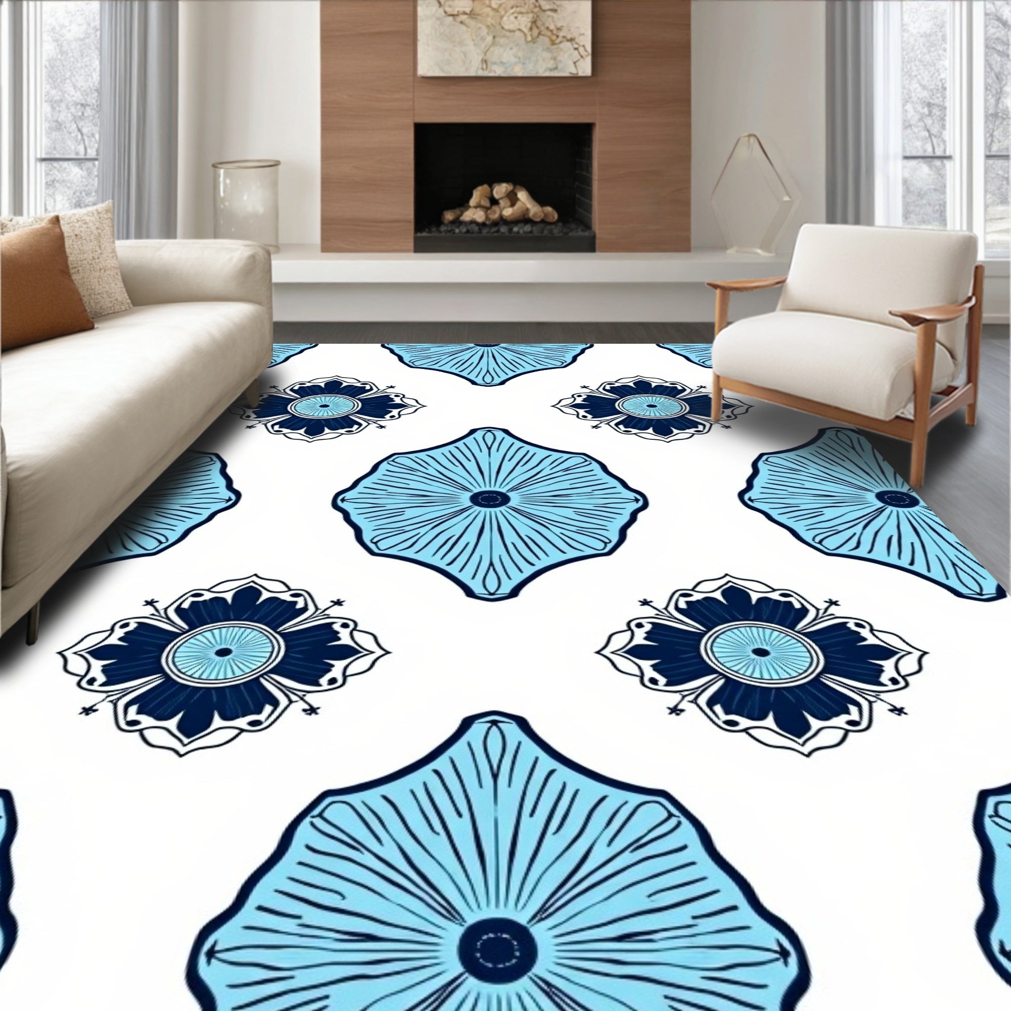 Floral Medallion Blue White Pattern Rug