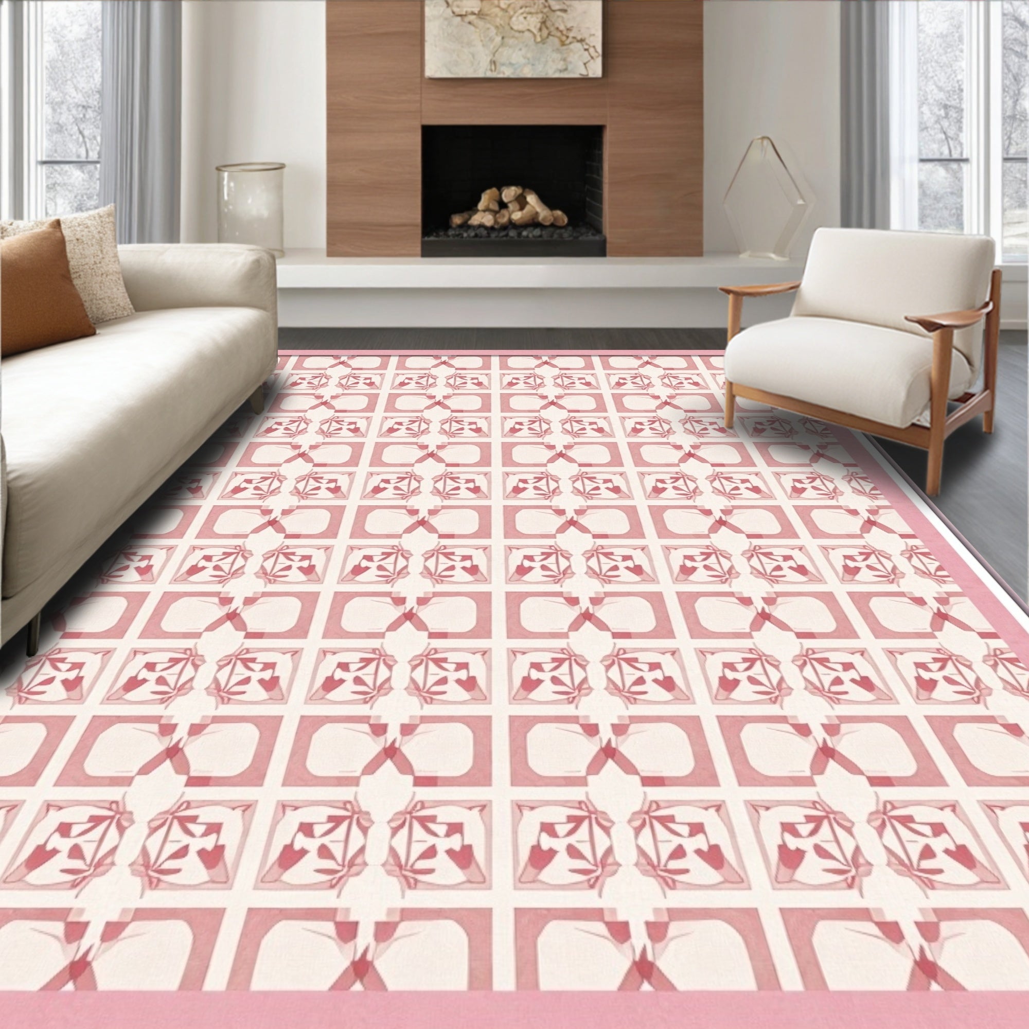 Pink Geometric Floral Tile Rug