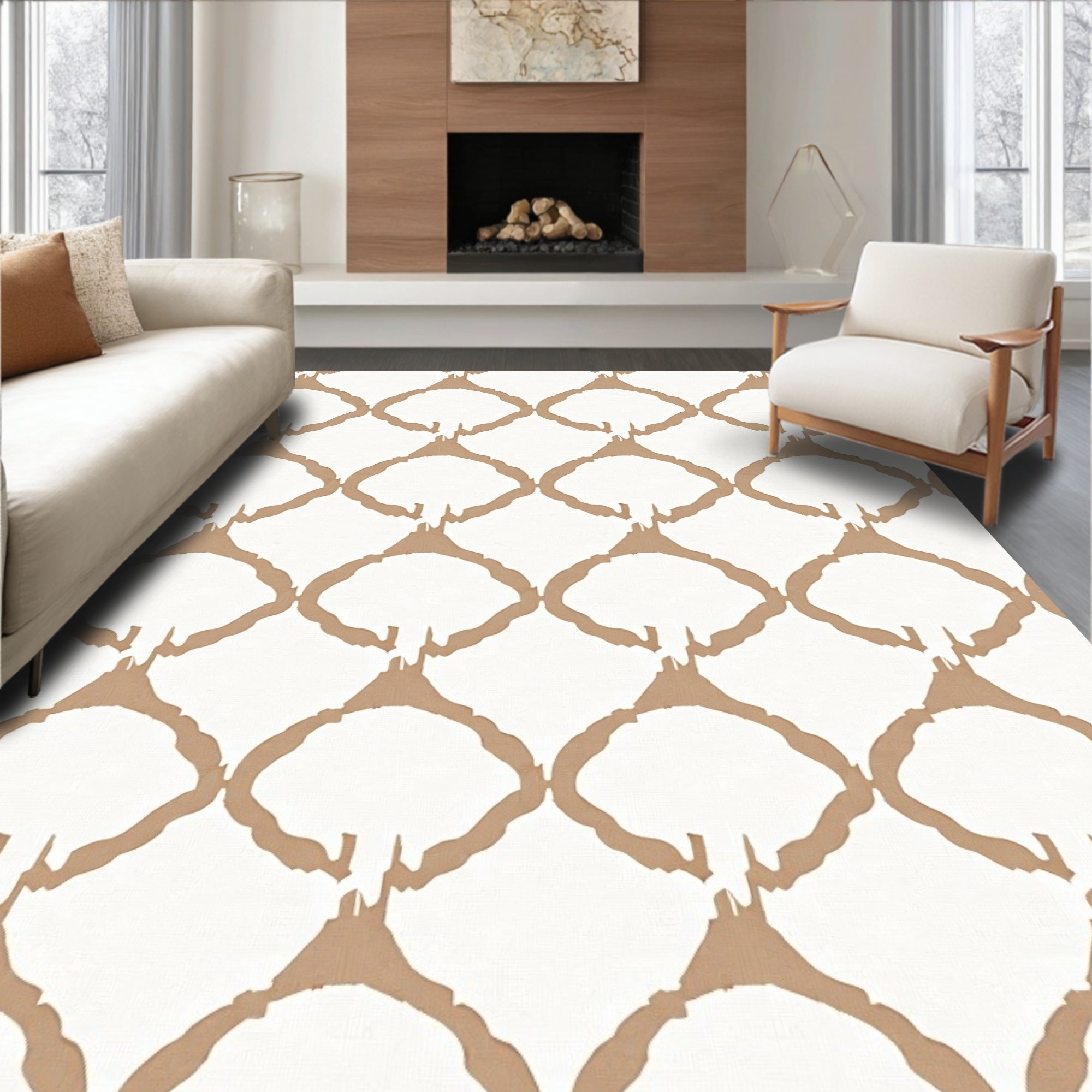 Tan White Lattice Pattern Rug