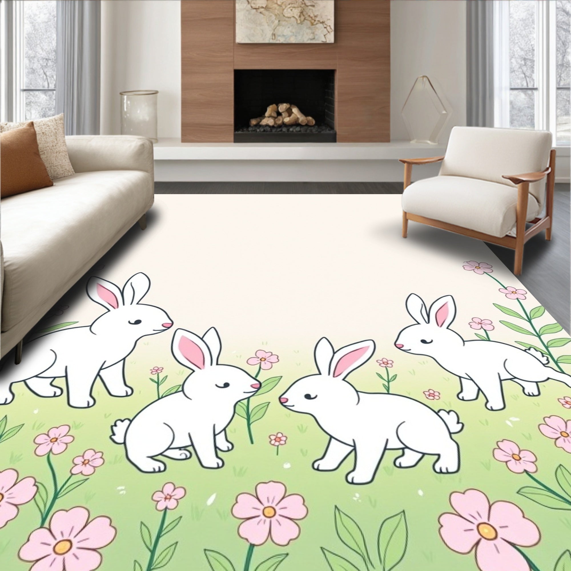 Cute Bunny And Flower Meadow Pattern Rug