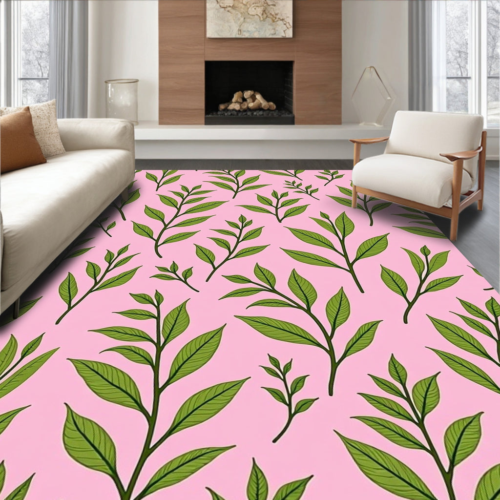 Delicate Green Leaf Pattern Rug