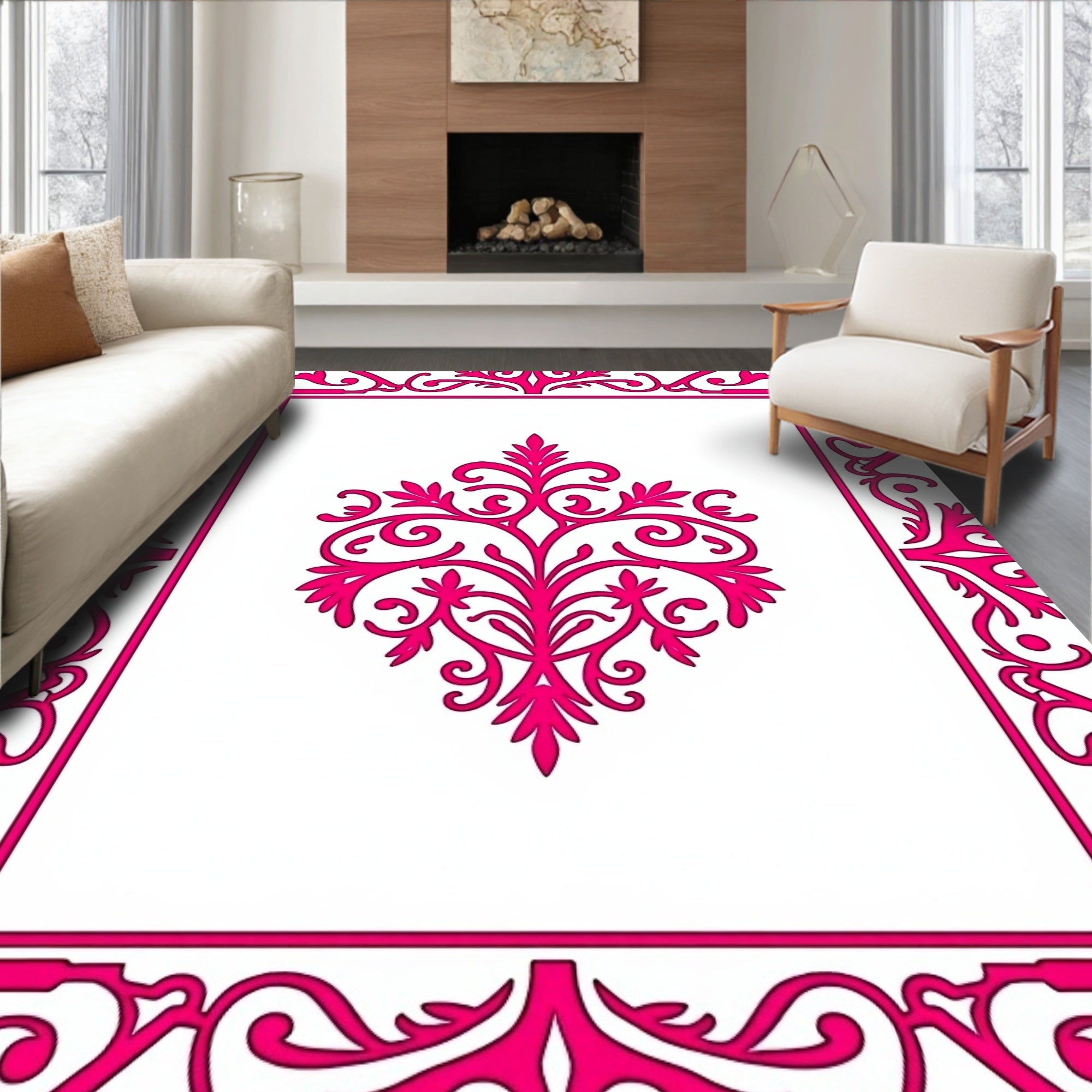 Ornate Pink Floral Damask Design Rug