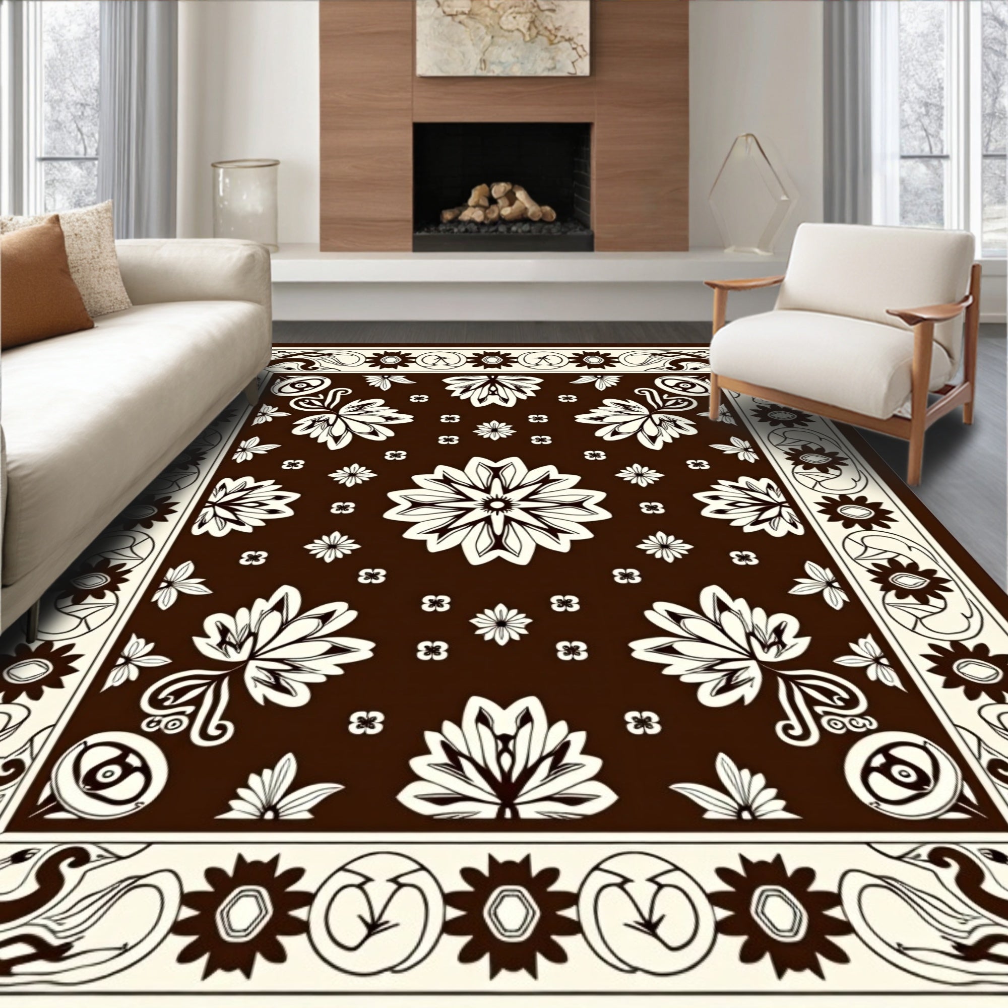 Brown Cream Floral Medallion Design Rug
