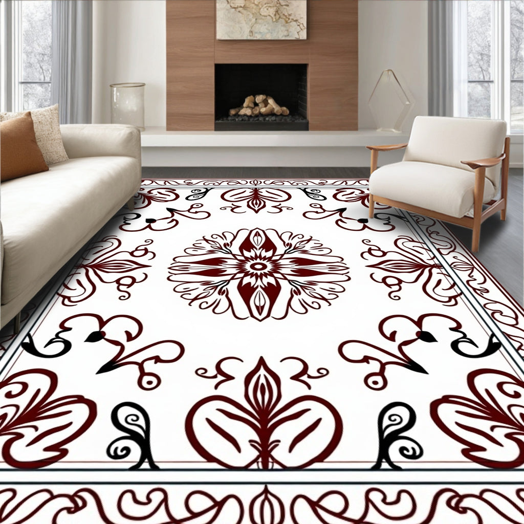 Maroon Black Floral Symmetry Rug
