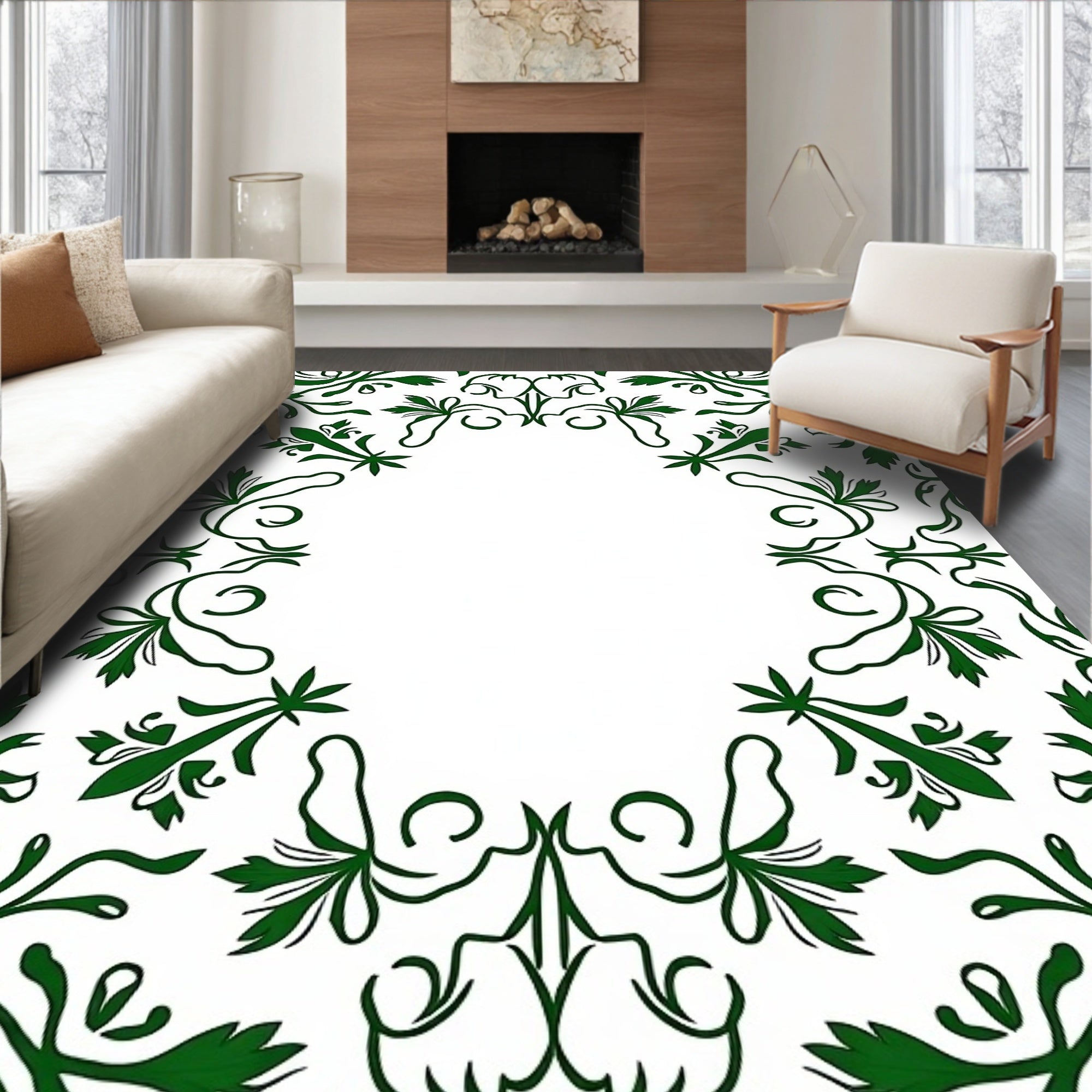 Elegant Green Leaf Scroll Pattern Rug