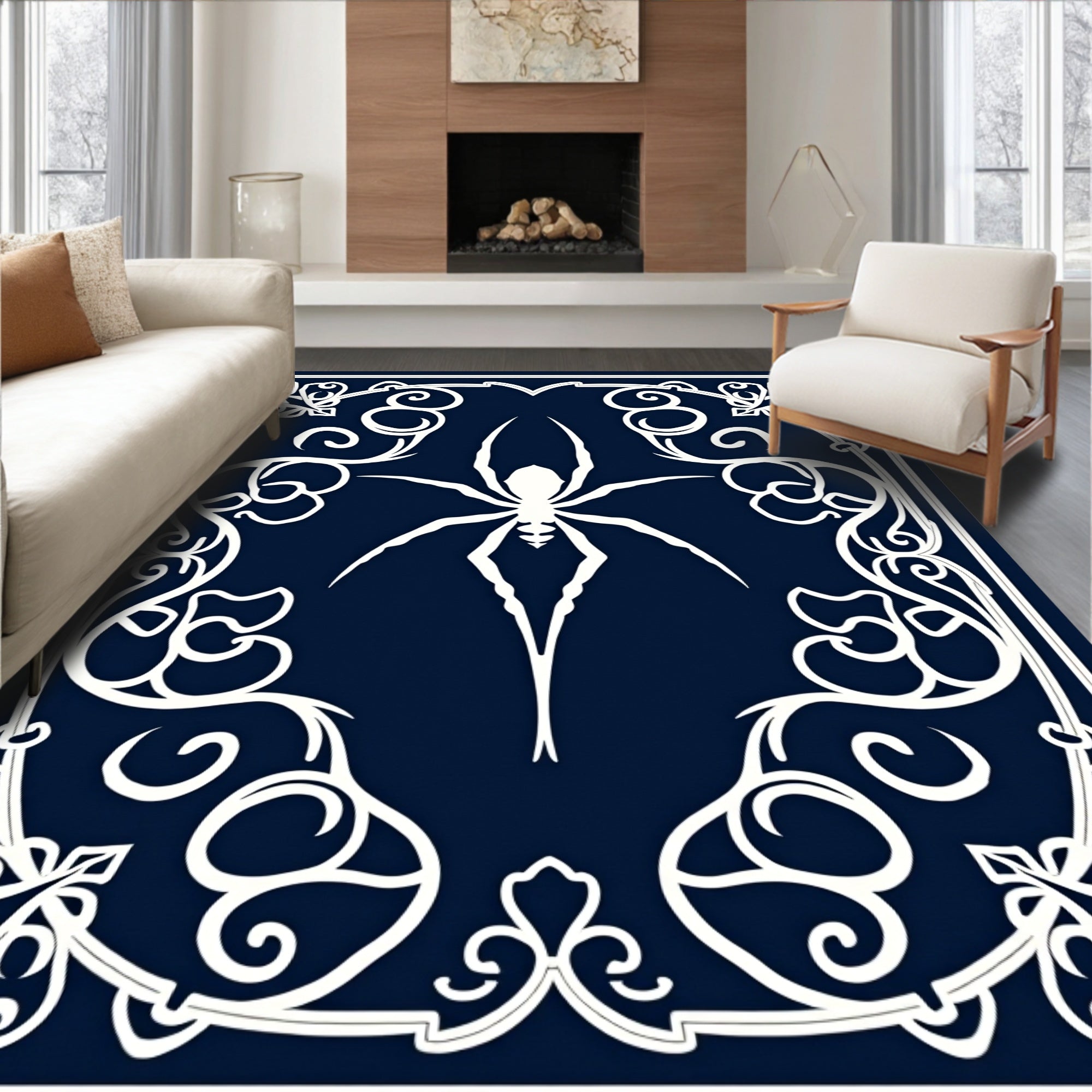 Dark Blue Spider Web Floral Rug