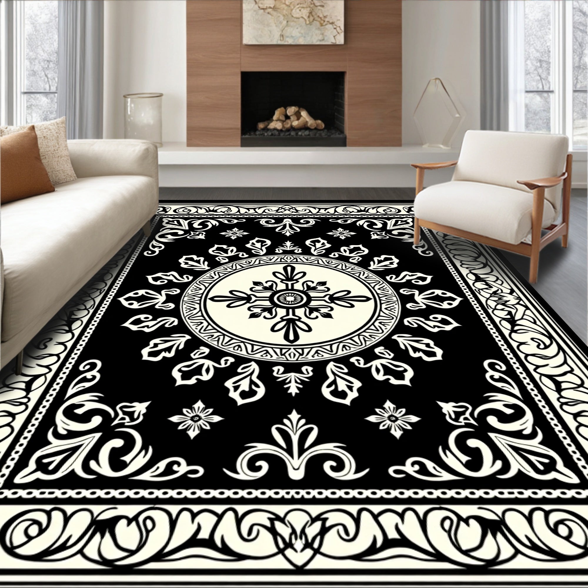 Classic Floral Mandala Black Rug
