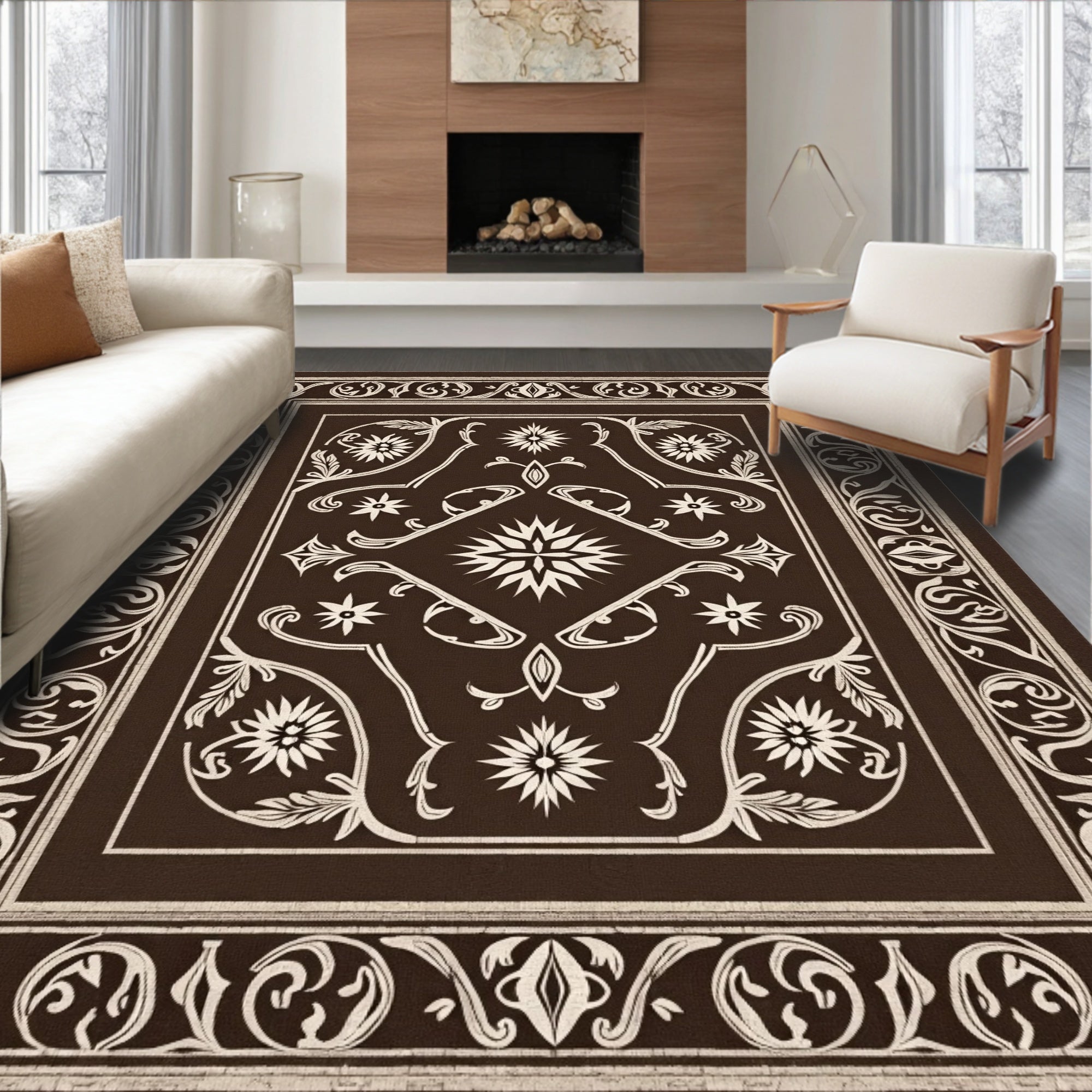 Ornate Floral Brown Cream Rug