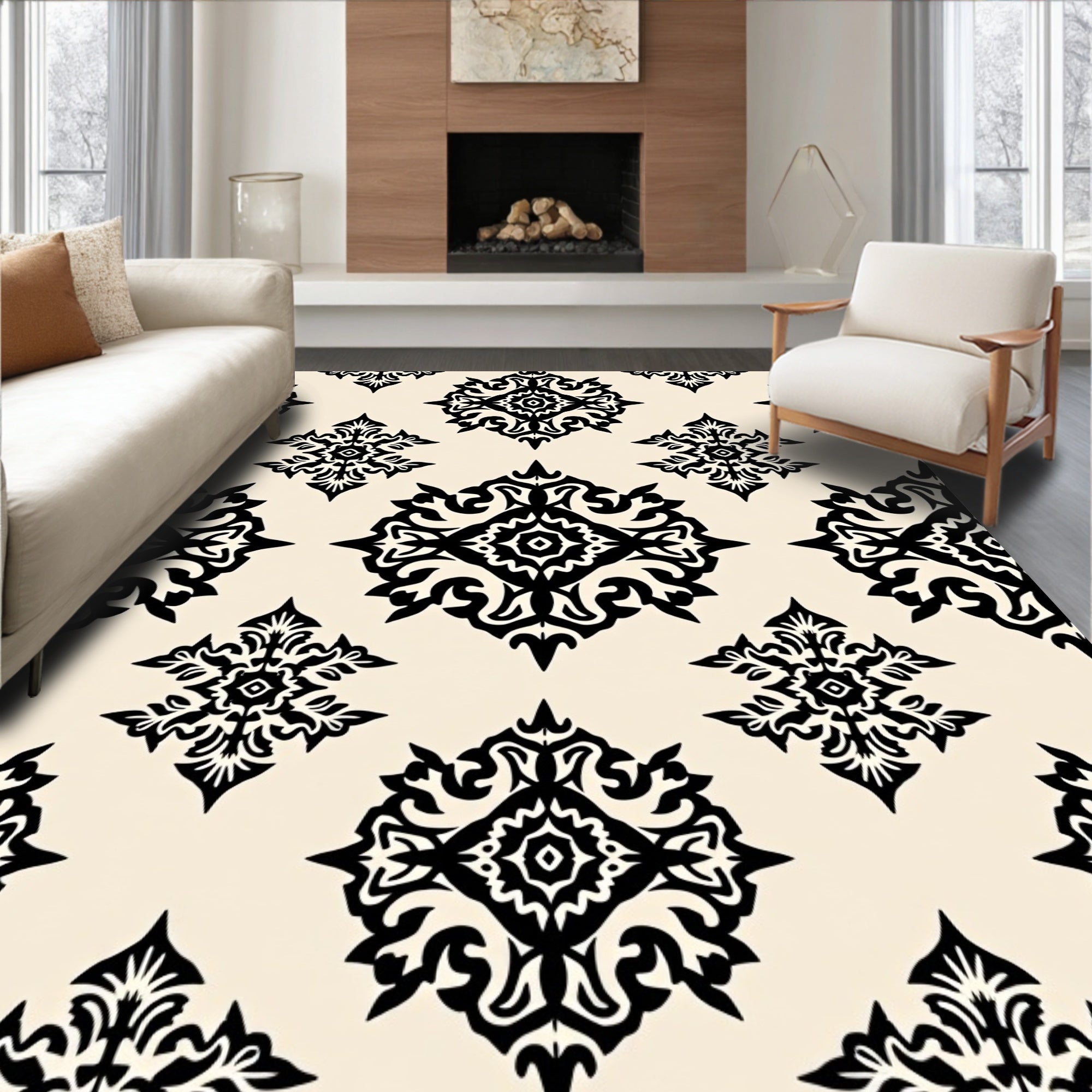 Elegant Black Floral Medallion Pattern Rug