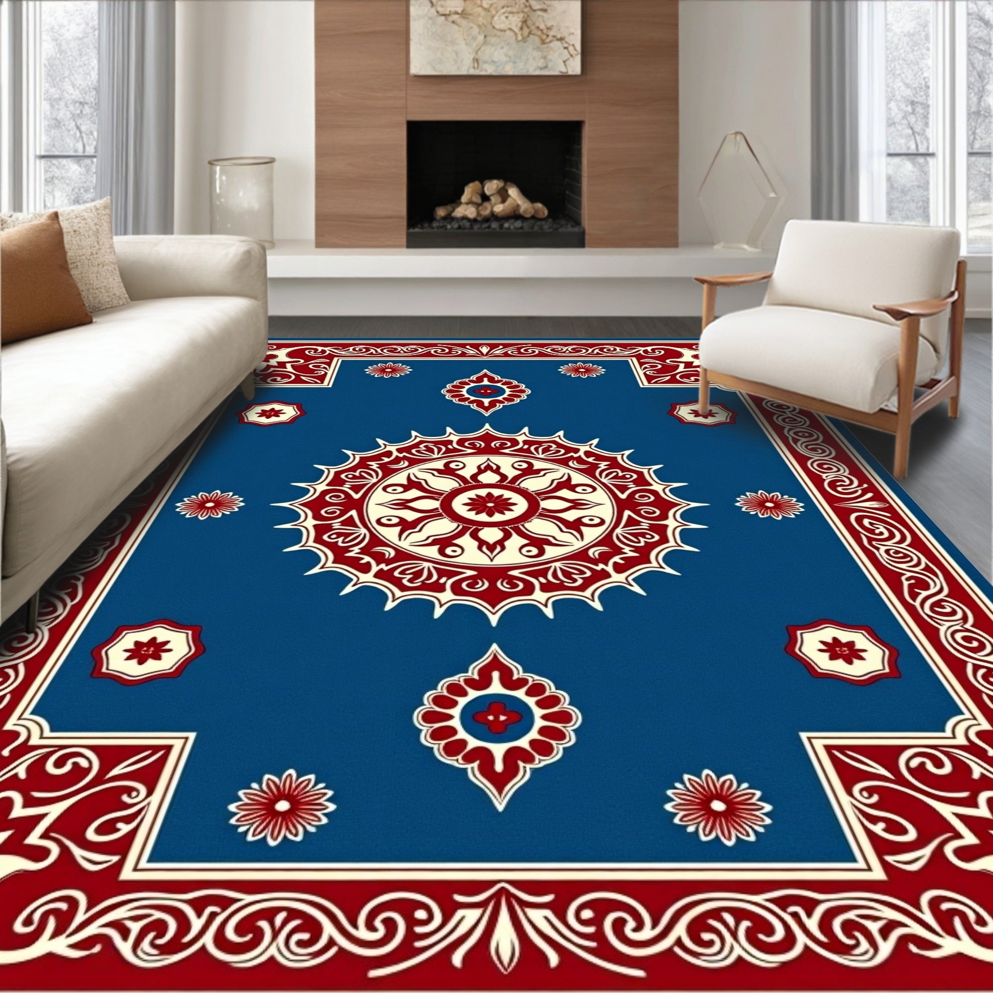 Intricate Ivory Red Floral Medallion Rug