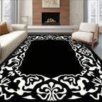Ornate Black White Floral Border Rug