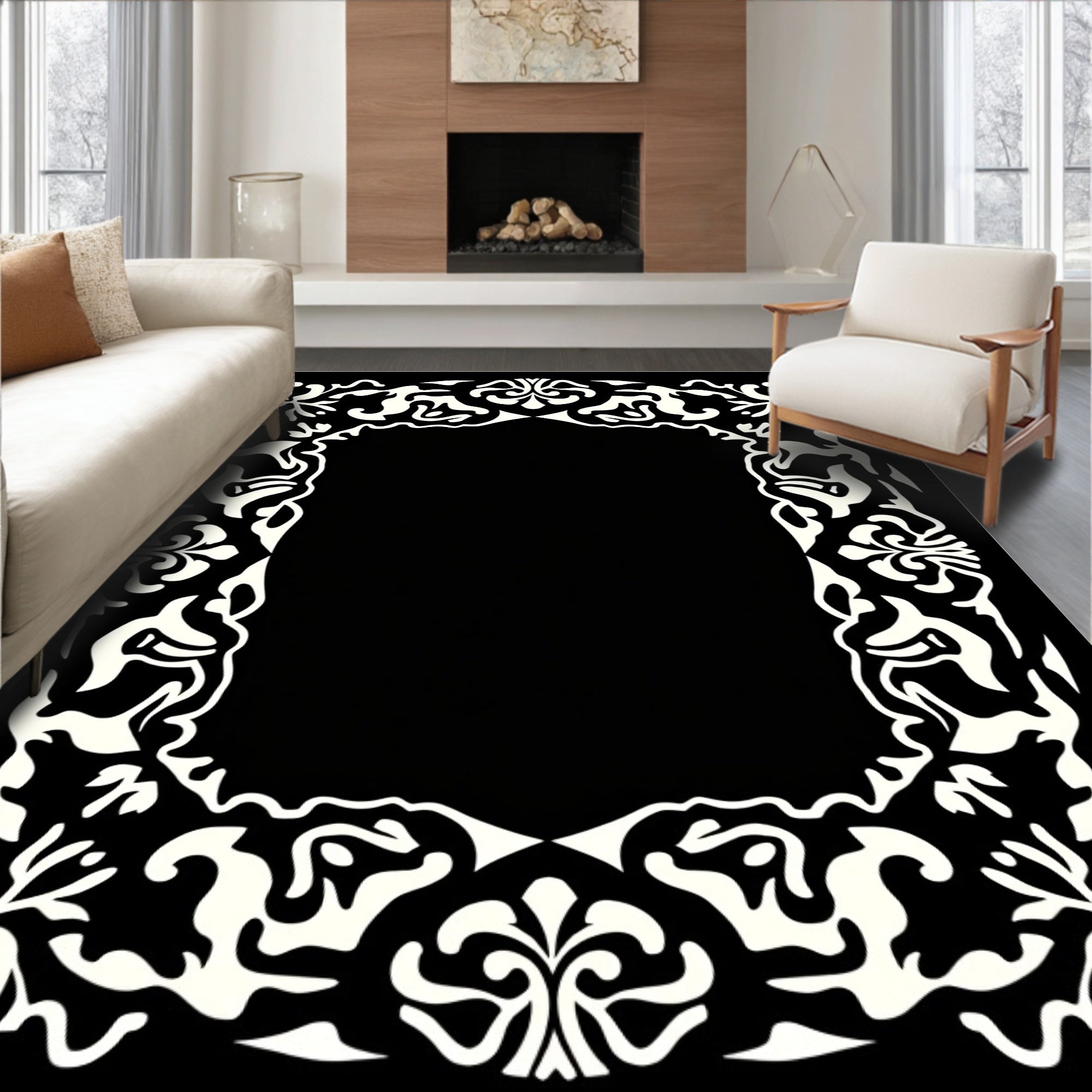 Ornate Black White Floral Border Rug