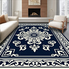 Ornate Cream Floral Navy Blue Accent Rug