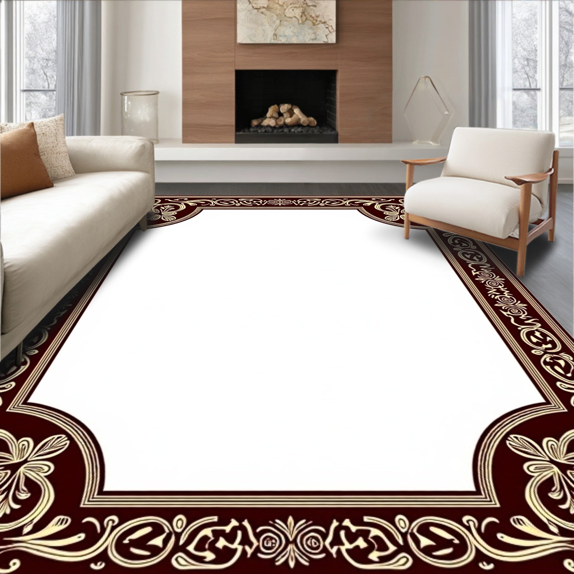 Elegant Red Gold Floral Border Rug