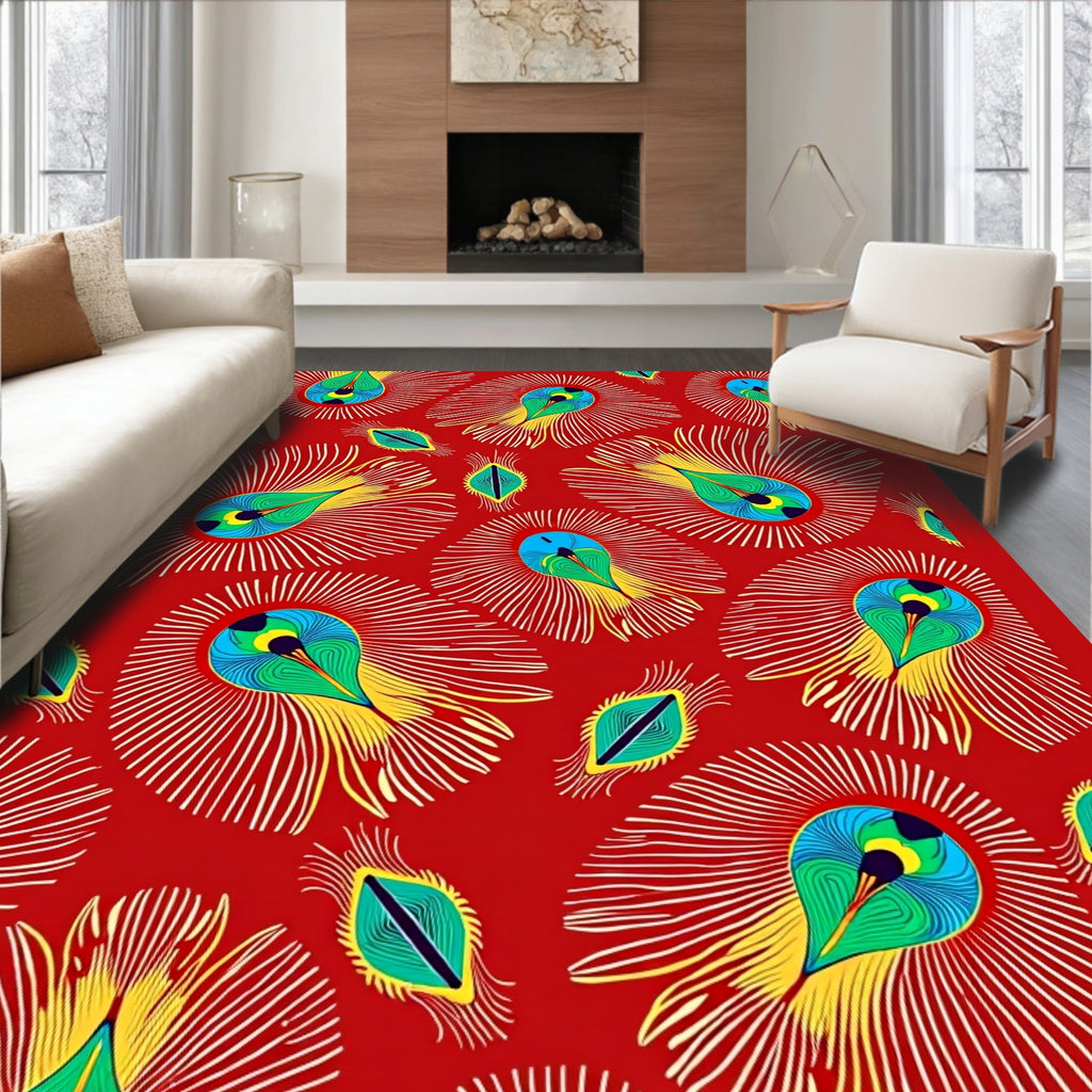 Vibrant Peacock Feather Pattern Rug