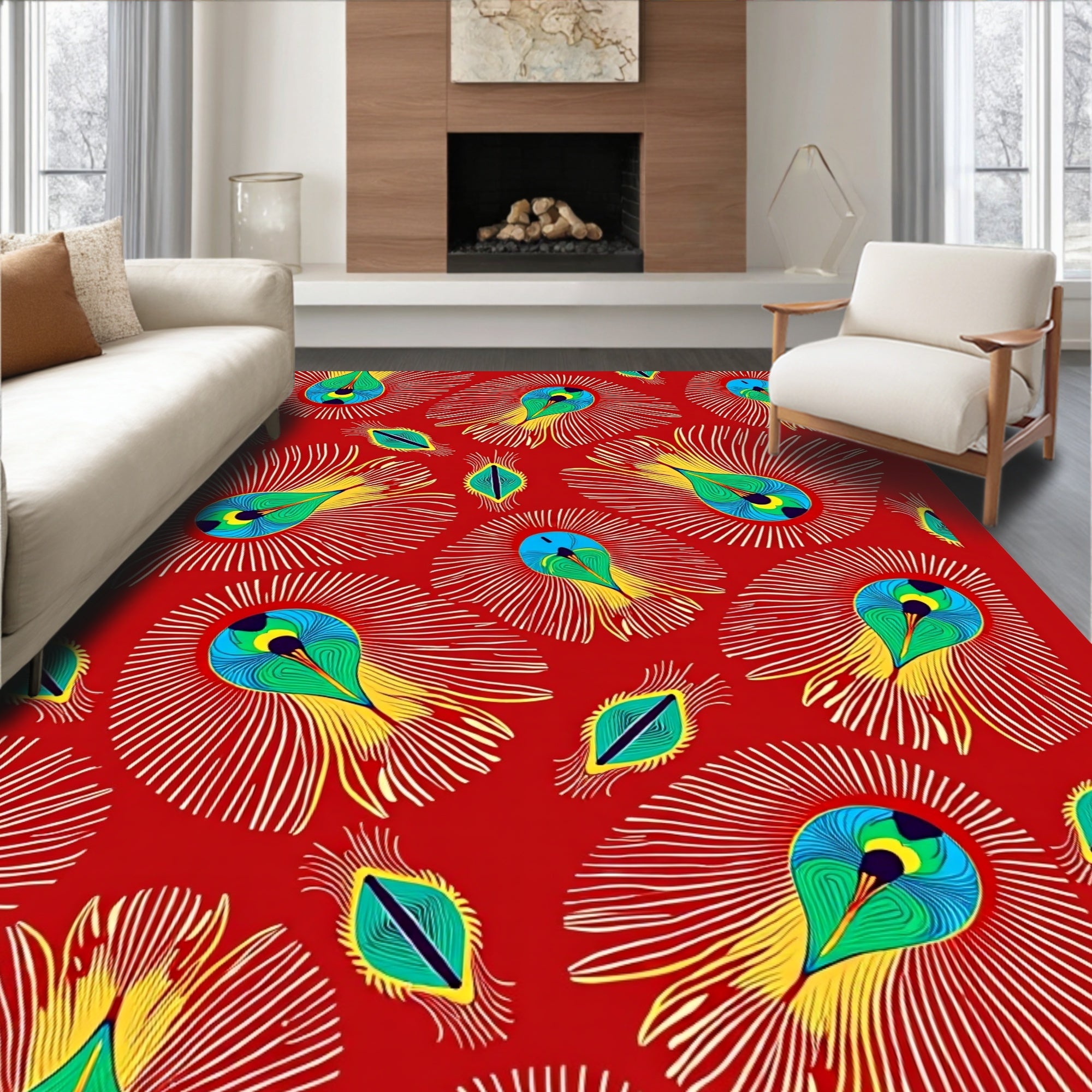 Vibrant Peacock Feather Pattern Rug