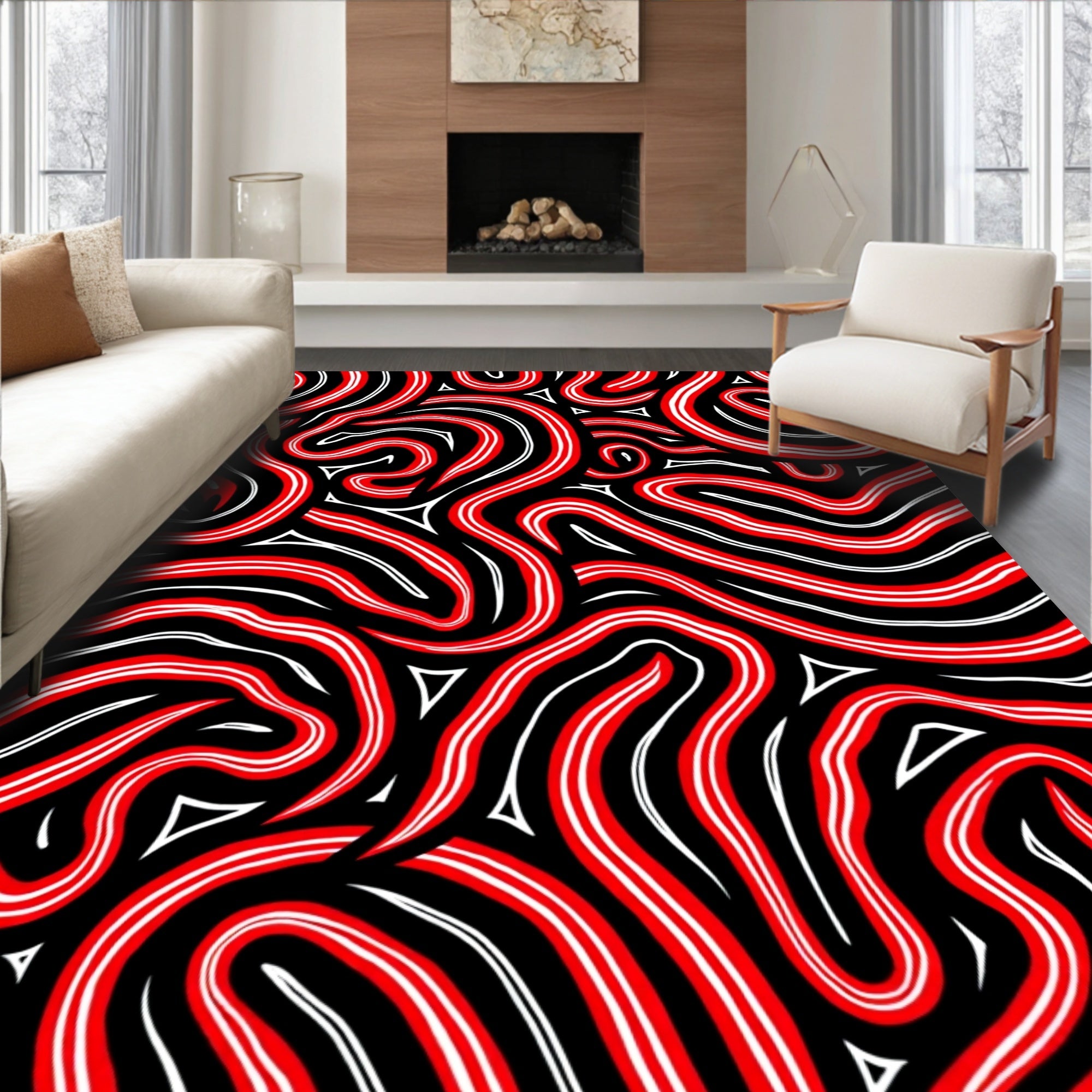 Bold Red White Swirl Stripe Rug