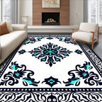 Ornate Teal and Black Floral Pattern Rug