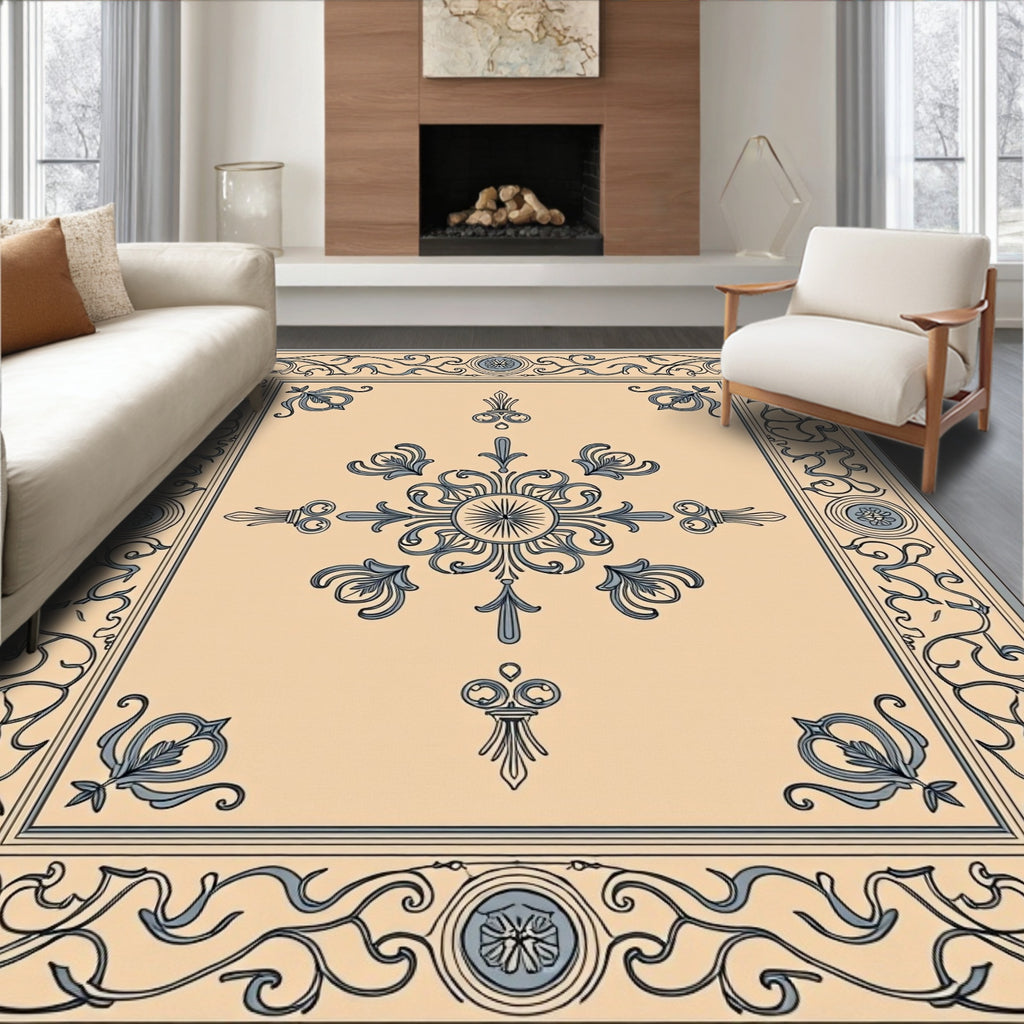 Cream Blue Detailed Floral Border Rug