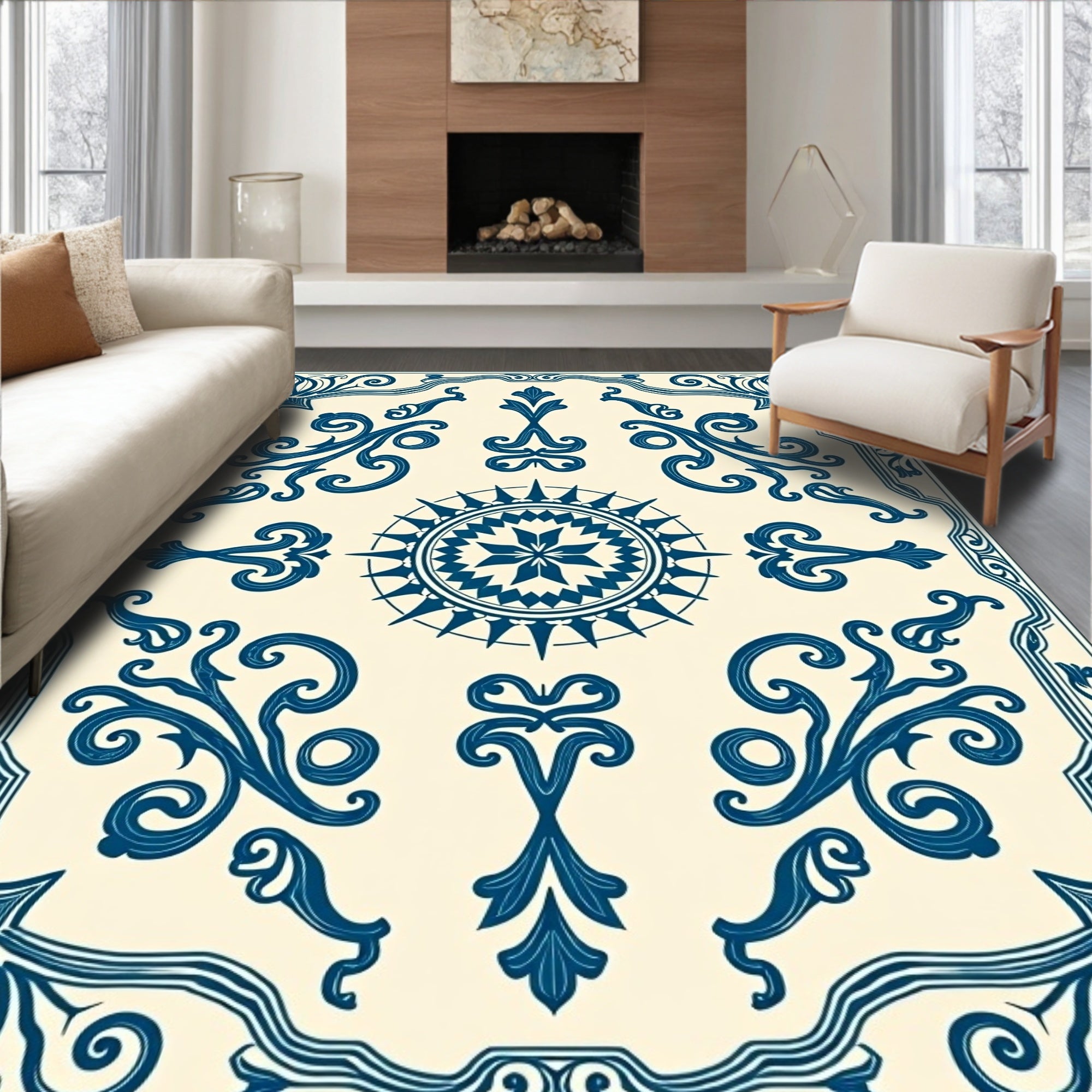 Elegant Blue Floral Compass Design Rug