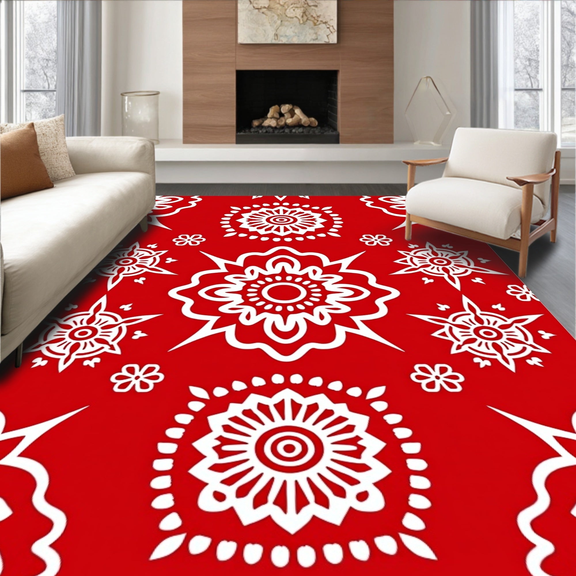 Red White Floral Round Medallion Pattern Rug