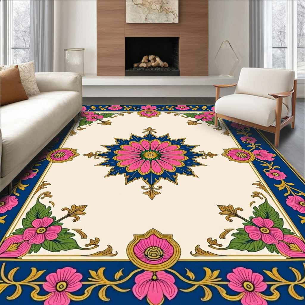 Ornate Floral Border Indigo Design Rug