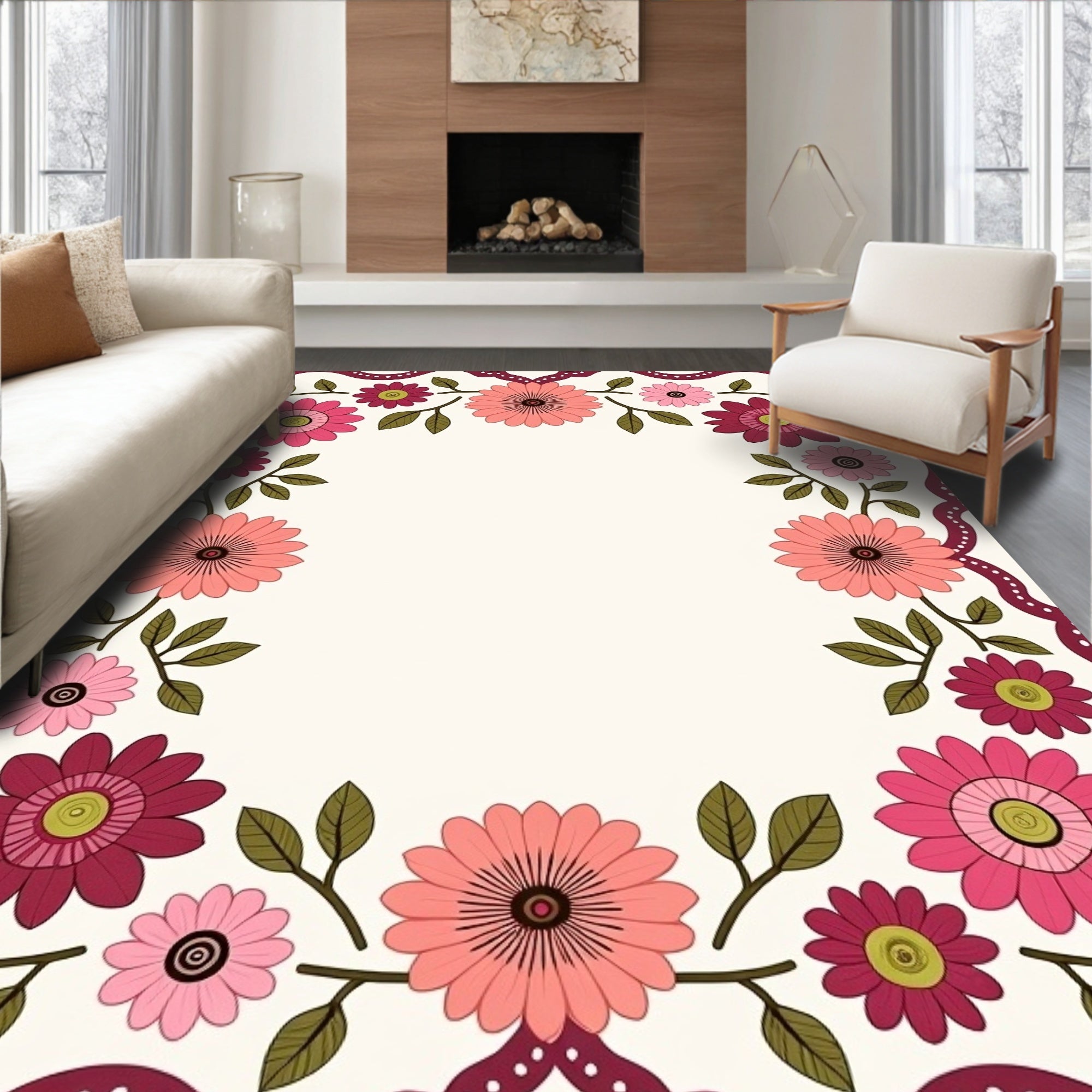 Whimsical Flowers With Pretty Border Design Rug