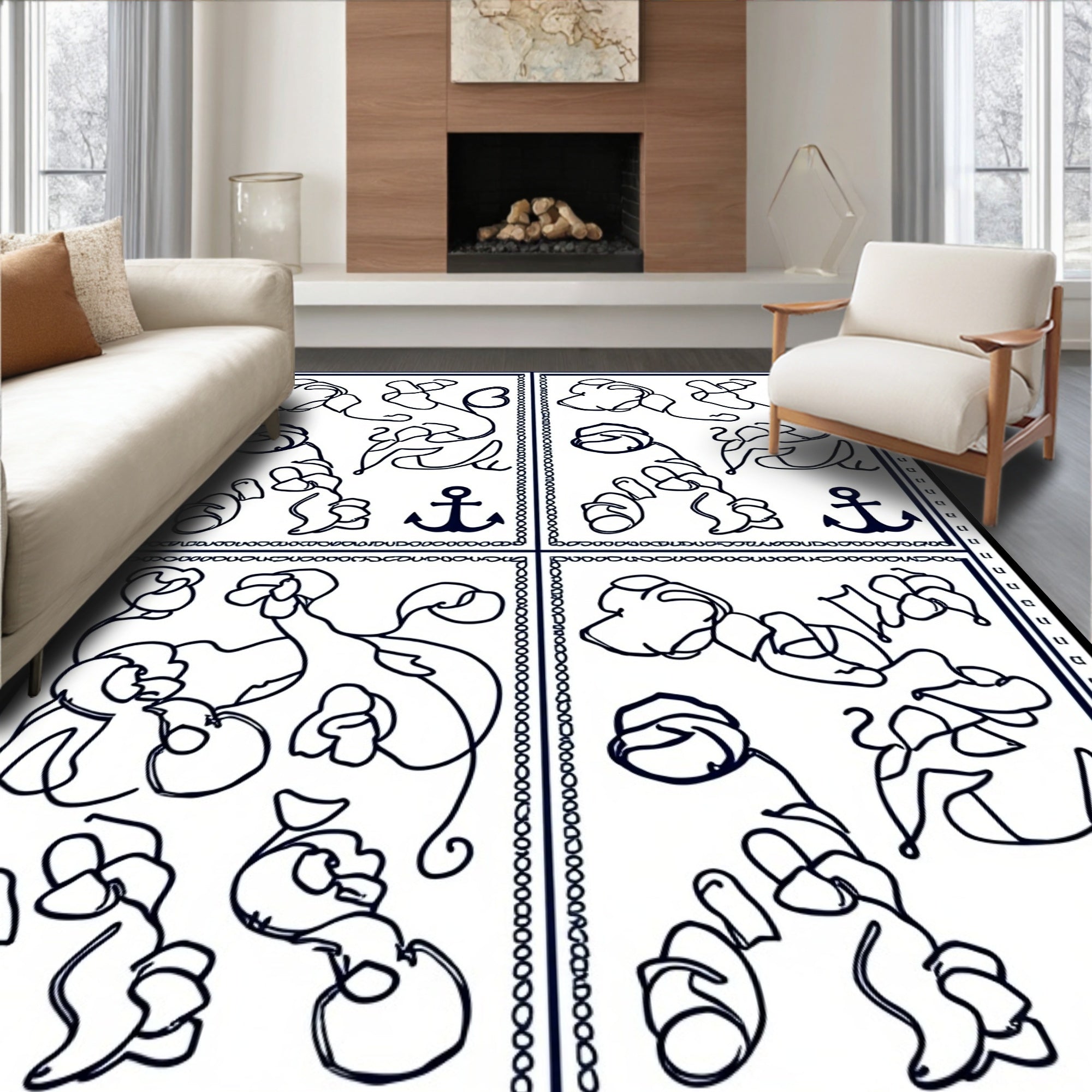 Nautical Floral Abstract Line Drawing Rug