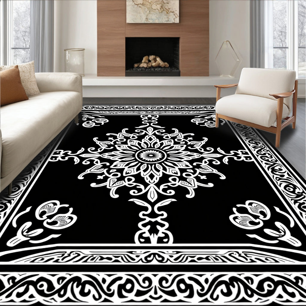 Ornate Black White Floral Mandala Rug
