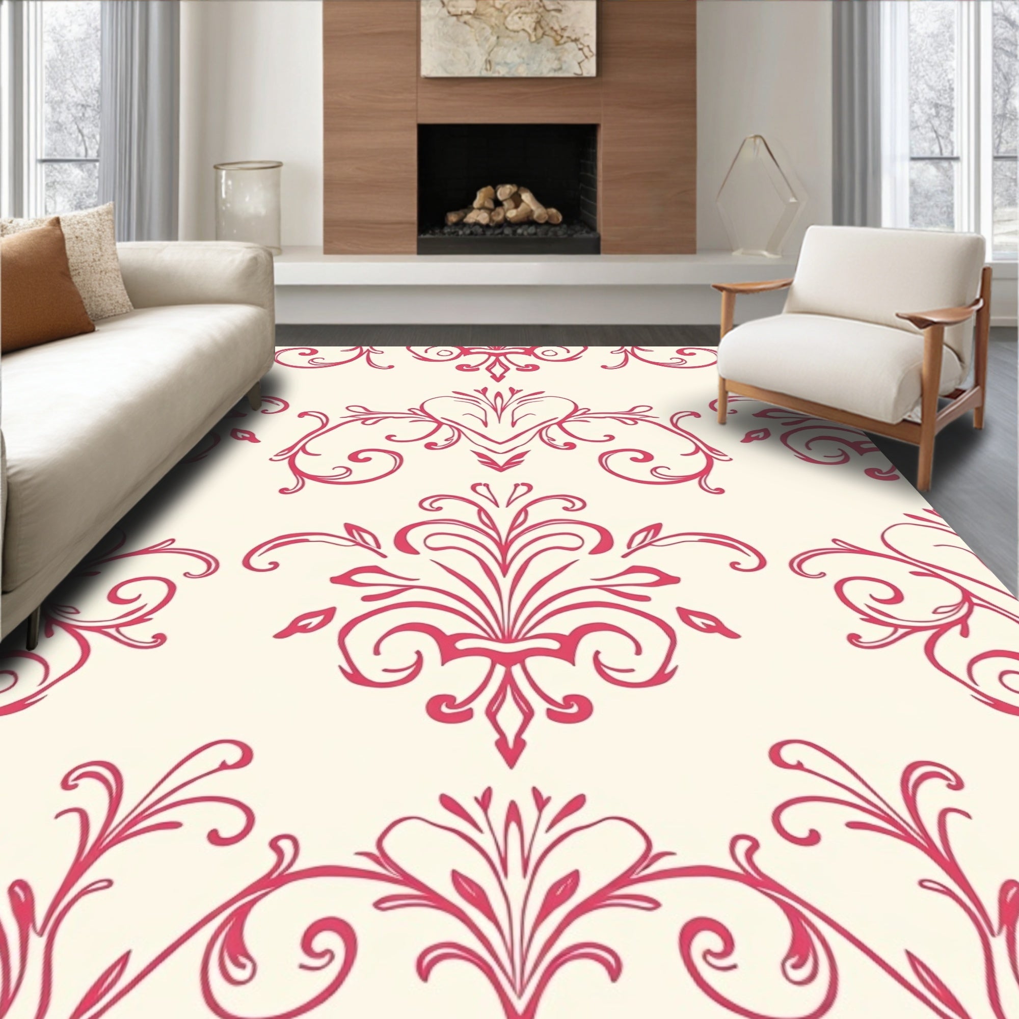 Crimson Elegant Damask Pattern Rug