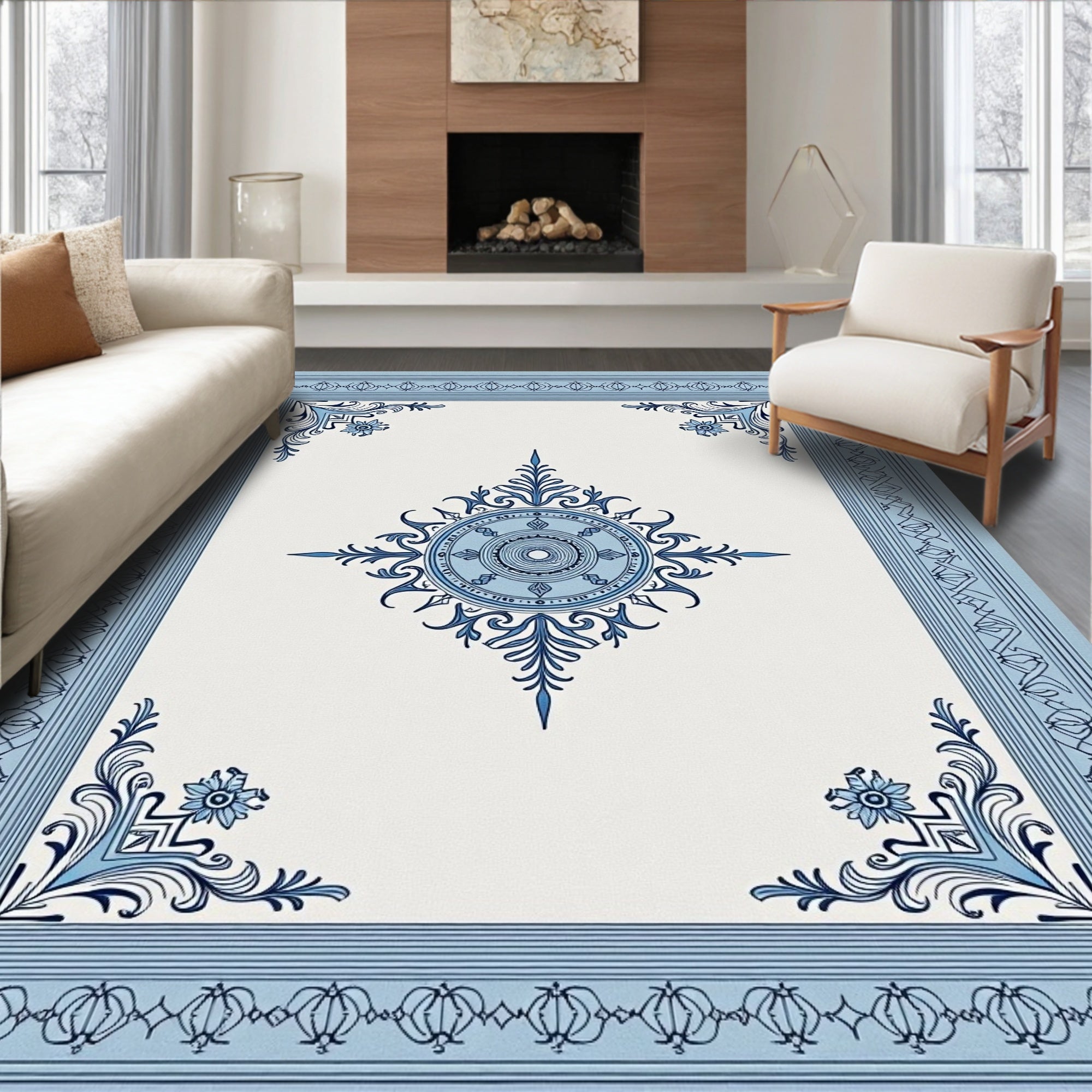 Ornate Blue Floral Medallion Rug