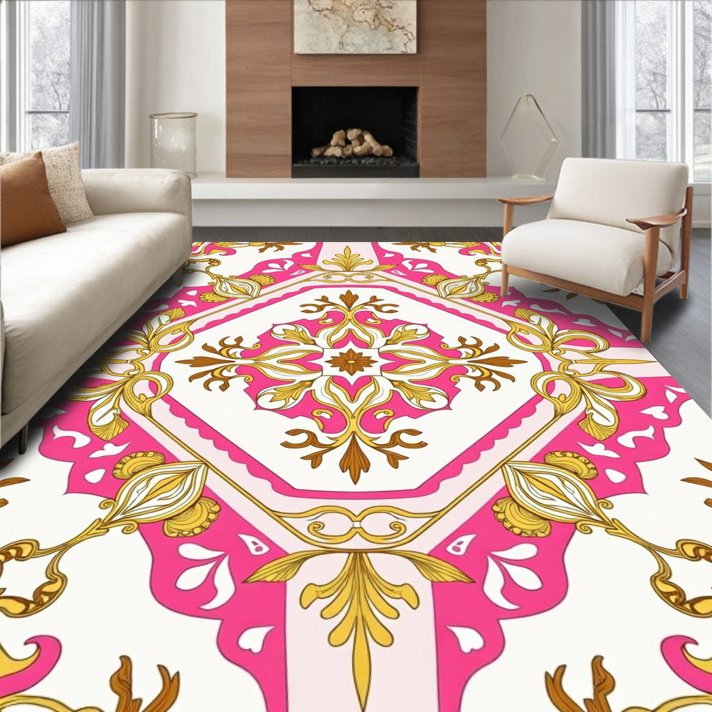 Ornate Pink Gold Floral Pattern Rug