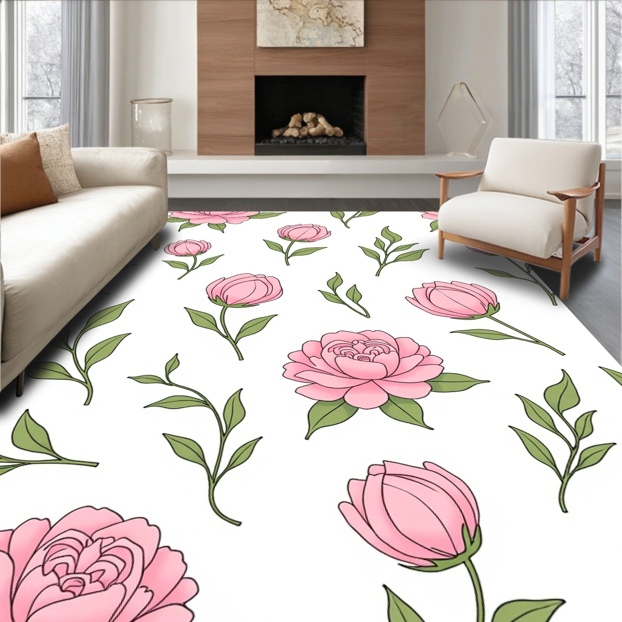 Pink Floral Branches Pattern Rug