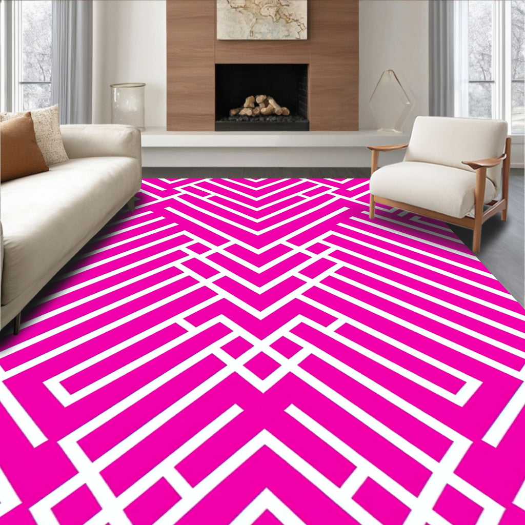 Bold Pink White Geometric Maze Pattern Rug