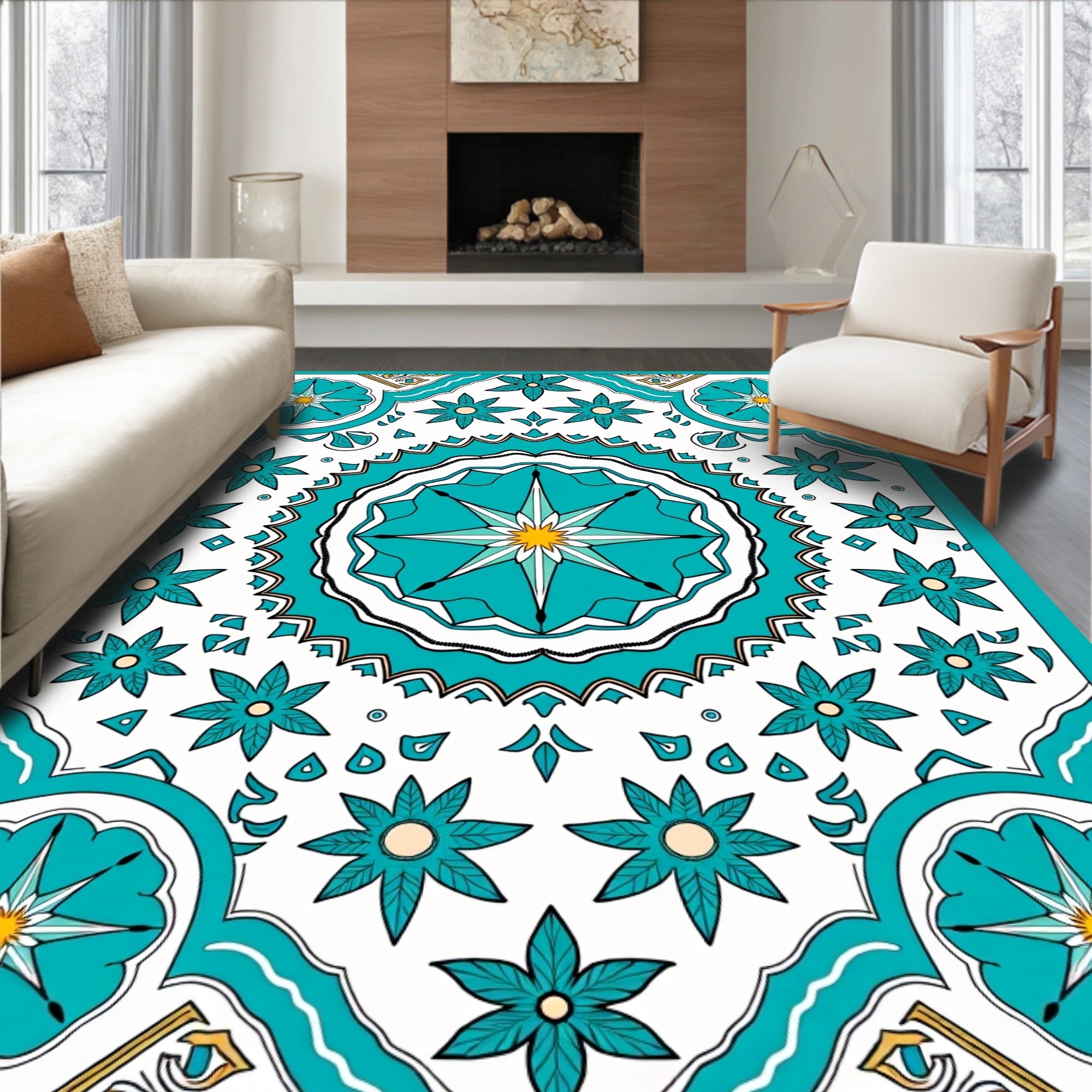 Teal Starburst Floral Mandala Pattern Rug