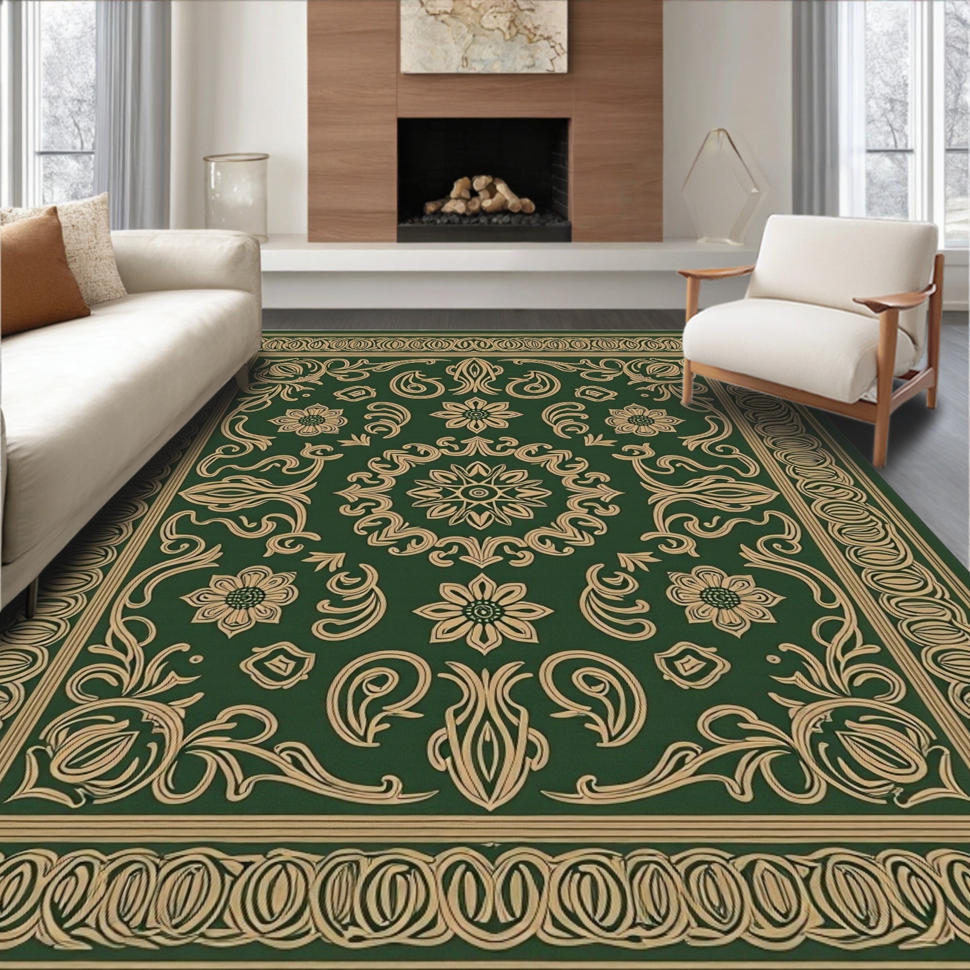 Green Gold Floral Medallion Rug