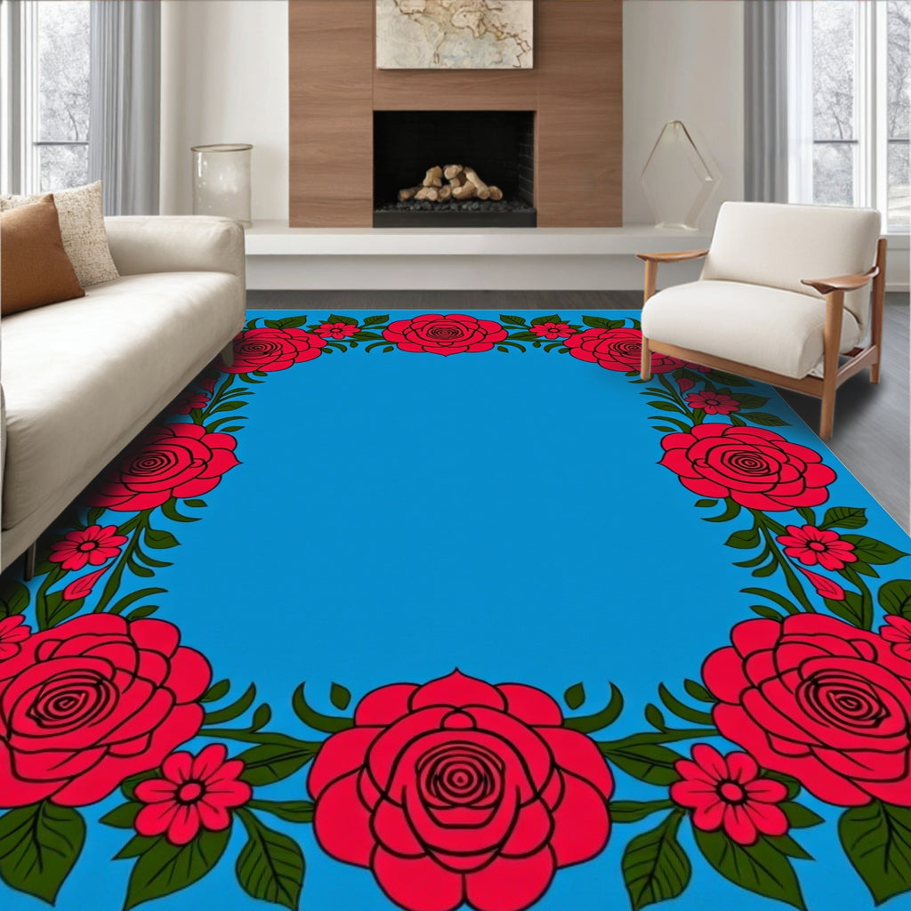 Bold Rose Floral Border Design Rug