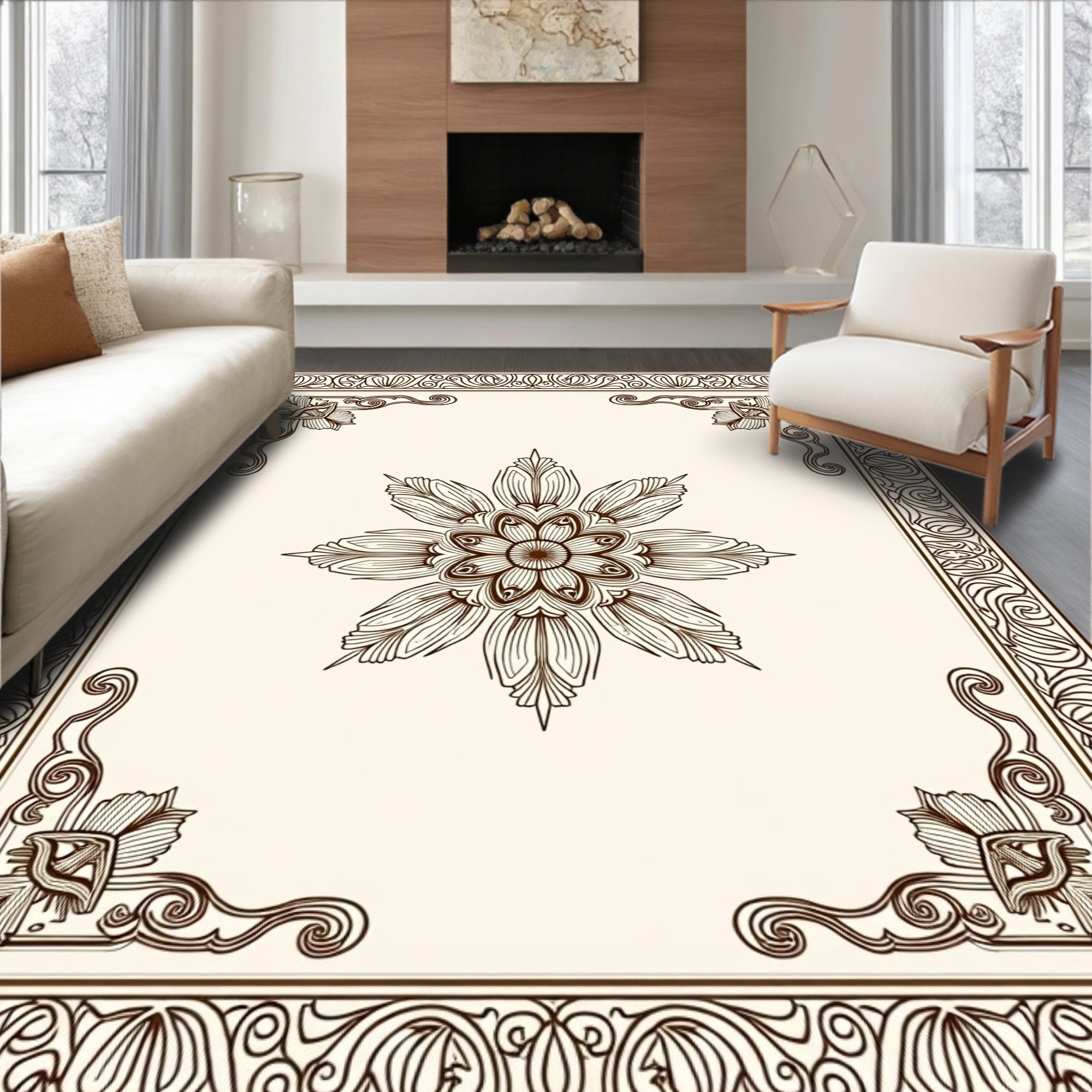 Ornate Floral Design with Scrollwork Border Rug