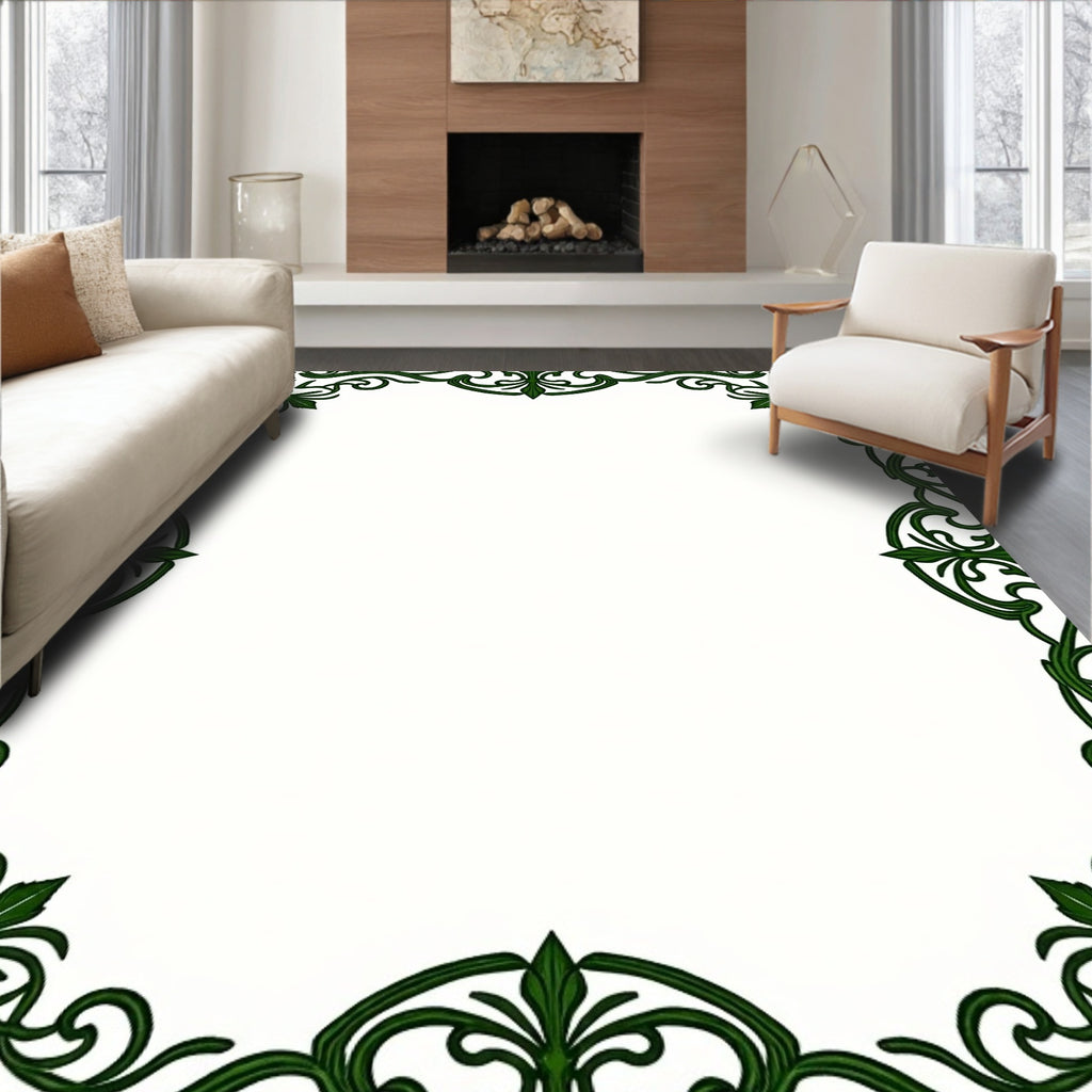 Elegant Green Swirl Floral Border Rug