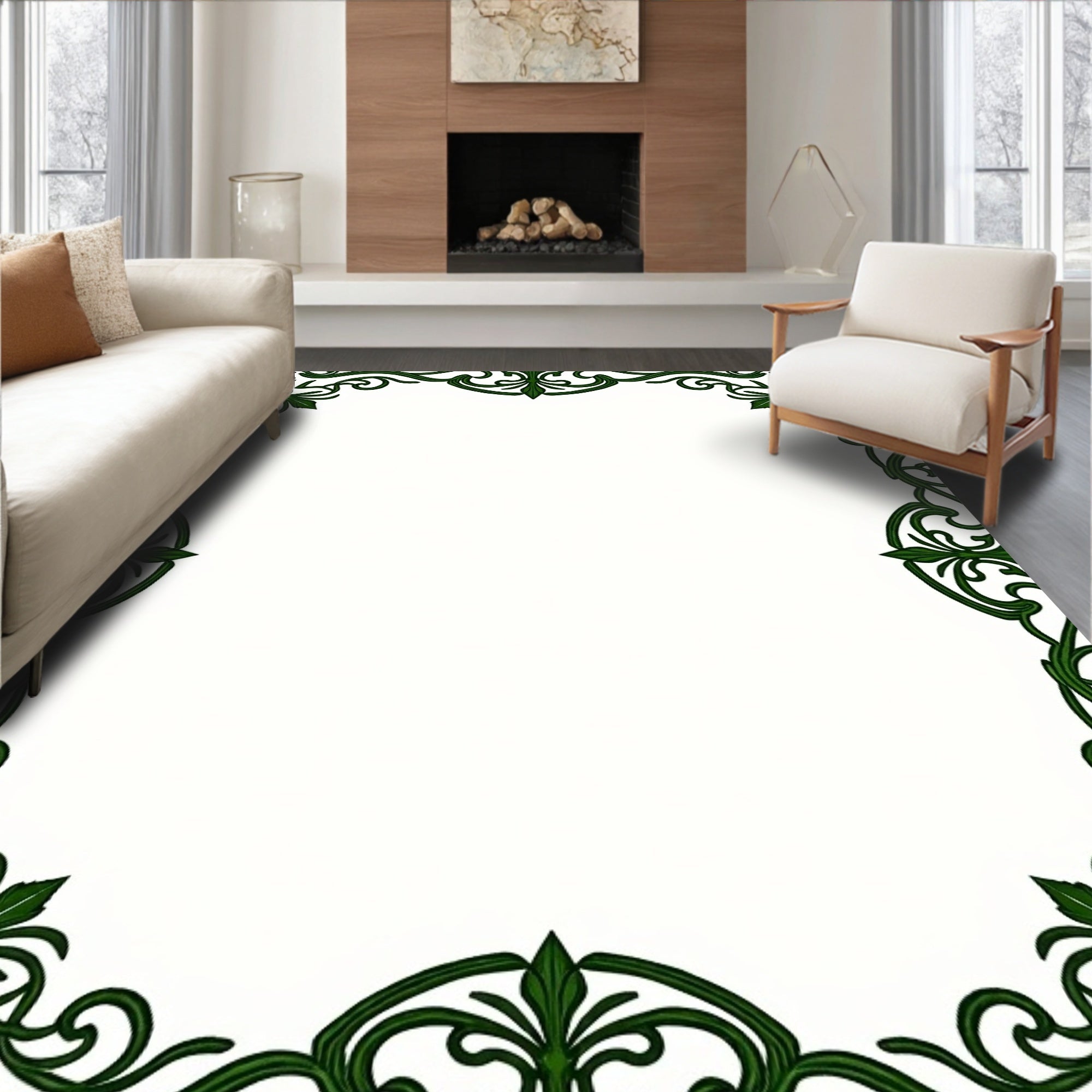 Elegant Green Swirl Floral Border Rug